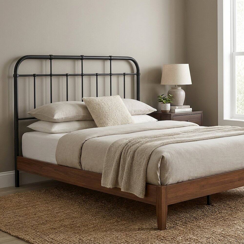 Left. FurniFact - Metal Full Headboard with Sleek Design and Durable Construction - Black.