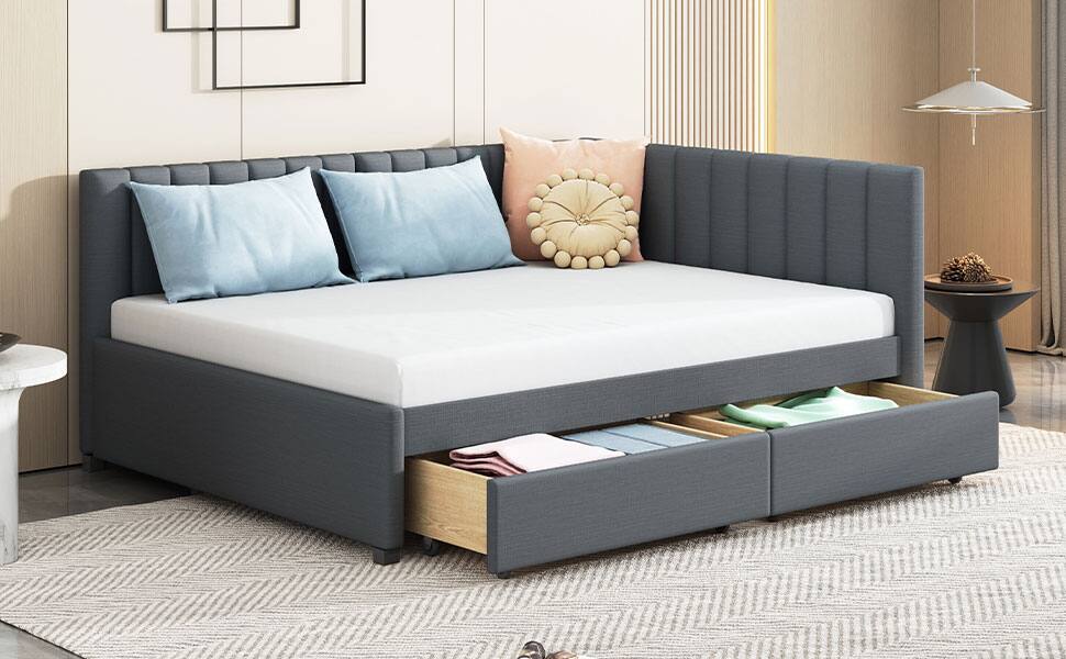 Alt View 10. Tiramisubest - Full Size Upholstered Daybed with 2 Storage Drawers Sofa Bed Frame No Box Spring Needed, Linen Fabric (Gray) - Gray.