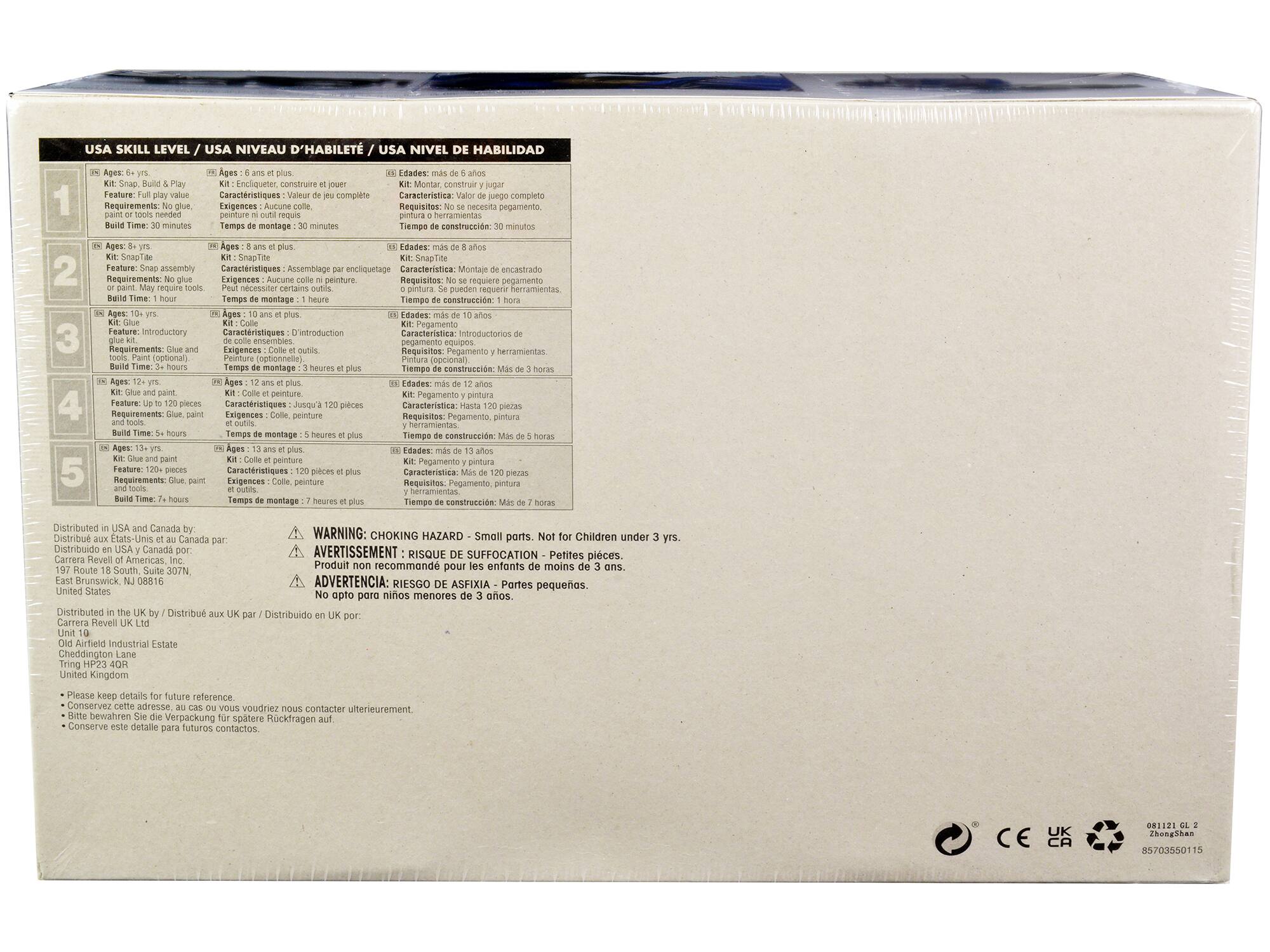**USA SKILL LEVEL / USA NIVEAU D'ABILITÉ / USA NIVEL DE HABILIDAD**

1. **Ages 6 yrs.**  
   - Kit: Snap! Build & Play  
   - Características: Valor del juego completo  
   - Requirements: paint or tools needed  
   - Build Time: 30 minutes  
   - Temps de montage: 30 minutes  
   - Edad: más de 6 años  
   - Características: Montaje de encastrado  
   - Requisitos: Pegamento y herramientas  
   - Tiempo de construcción: 30 minutos  

2. **Ages 8 yrs.**  
   - Kit: SnapTite  
   - Características: Assemblage encliquetage  
   - Requirements: No glue, paint or tools needed  
   - Build Time: 1 hour  
   - Temps de montage: 1 heure  
   - Edad: más de 8 años  
   - Características: Montaje encliquetado  
   - Requisitos: Pegamento y herramientas  
   - Tiempo de construcción: 1 hora  

3. **