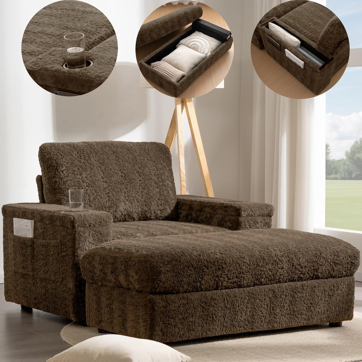 Alt View 2. Trinkets Crazed - Oversized Chaise Lounge Indoor,Faux Rabbit Fur Sofa Bed with Storage Ottoman and Armrests,Cup Holder - brown.