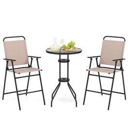 Gymax - 3PCS Bistro Set Folding Chairs Round Bar Table w/ 1.6'' Umbrella Hole Yard Patio - Beige