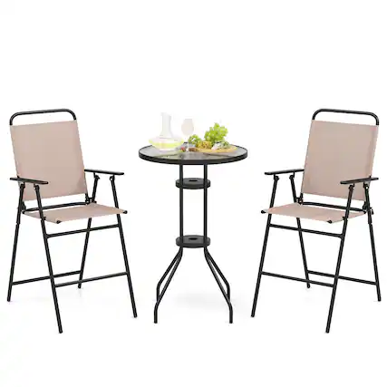 Front. Gymax - Gymax 3PCS Bistro Set Folding Chairs Round Bar Table w/ 1.6'' Umbrella Hole Yard Patio - Beige.