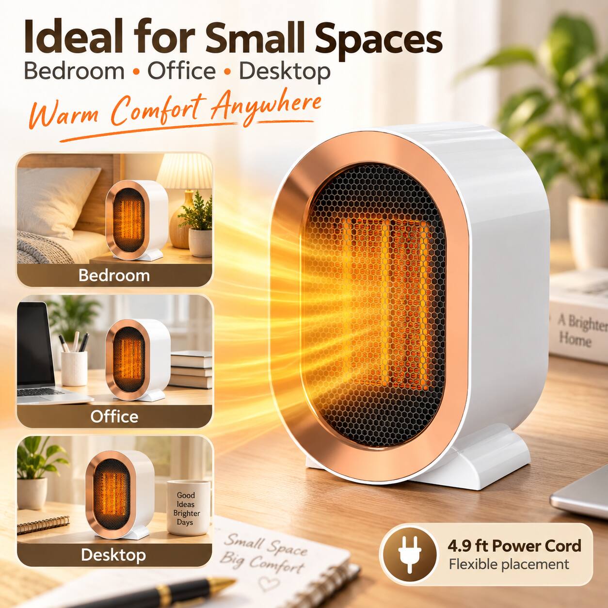 Ideal for Small Spaces  
Bedroom • Office • Desktop  
Warm Comfort Anywhere  

Bedroom  
A Brighter Home  

Office  

Desktop  
Good Ideas Brighter Days  
Small Space Big Comfort  

4.9 ft Power Cord  
Flexible placement