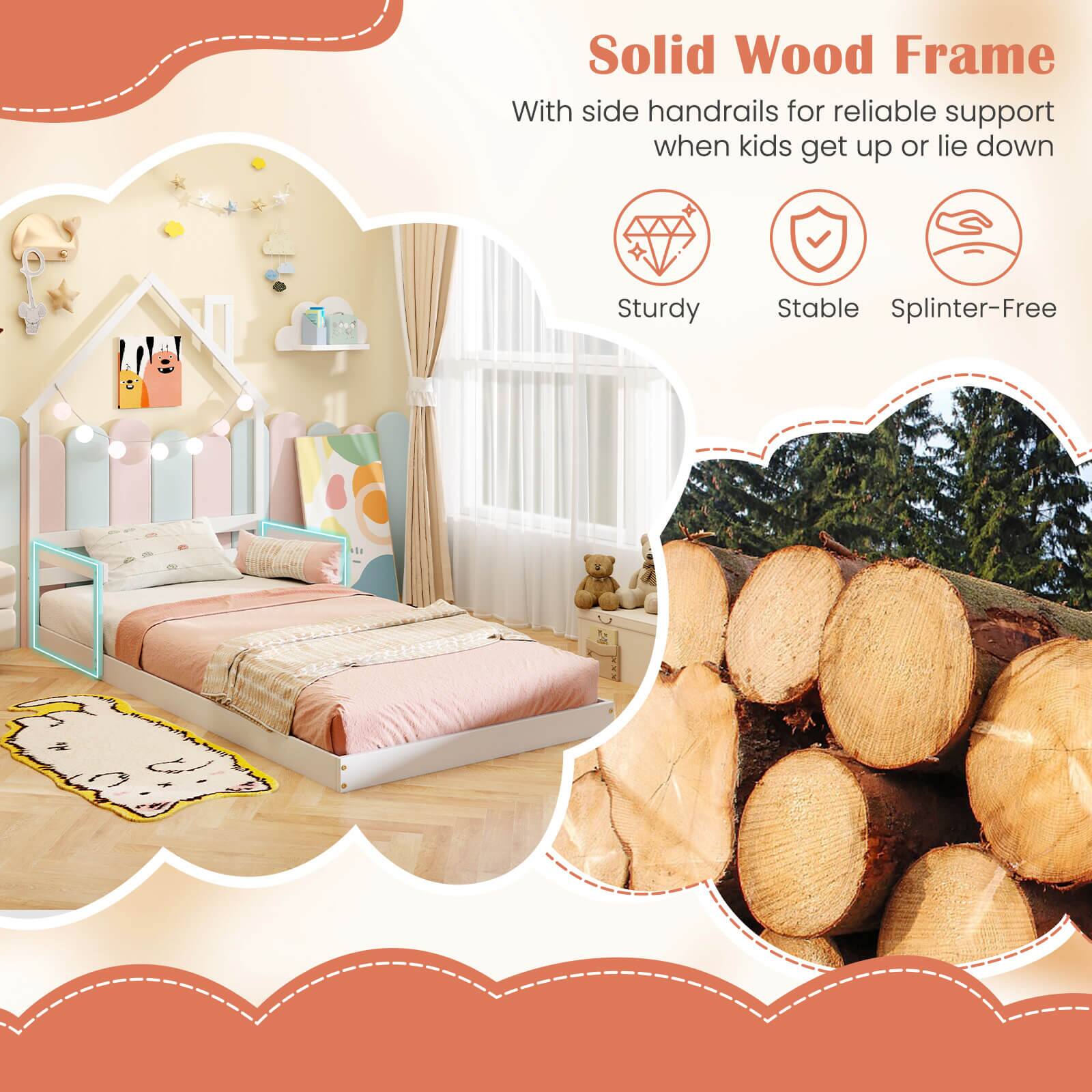 Solid Wood Frame with side handrails for reliable support when kids get up or lie down, sturdy and stable splinter-free.