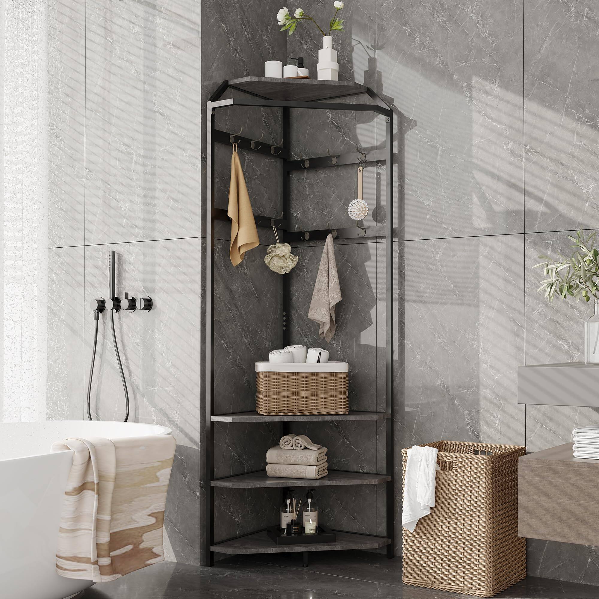 Back. Jojoka - Corner Hall Tree with Shoe Bench, 6 Double Hooks & Storage Shelves, Space-Saving 3-in-1 Coat Rack - Gray.