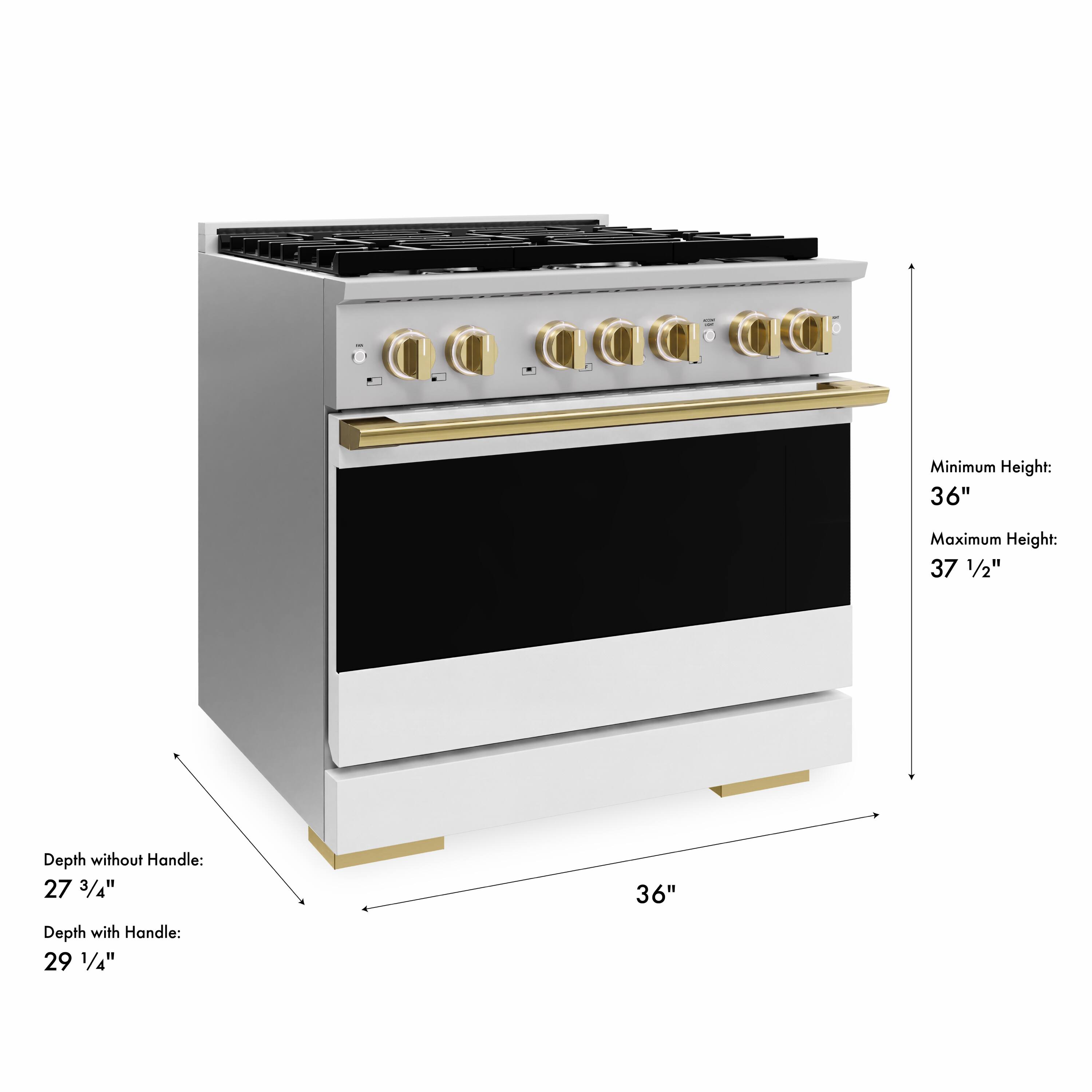 Minimum Height: 36"  
Maximum Height: 37 1/2"  
Depth without Handle: 27 3/4"  
Depth with Handle: 29 1/4"