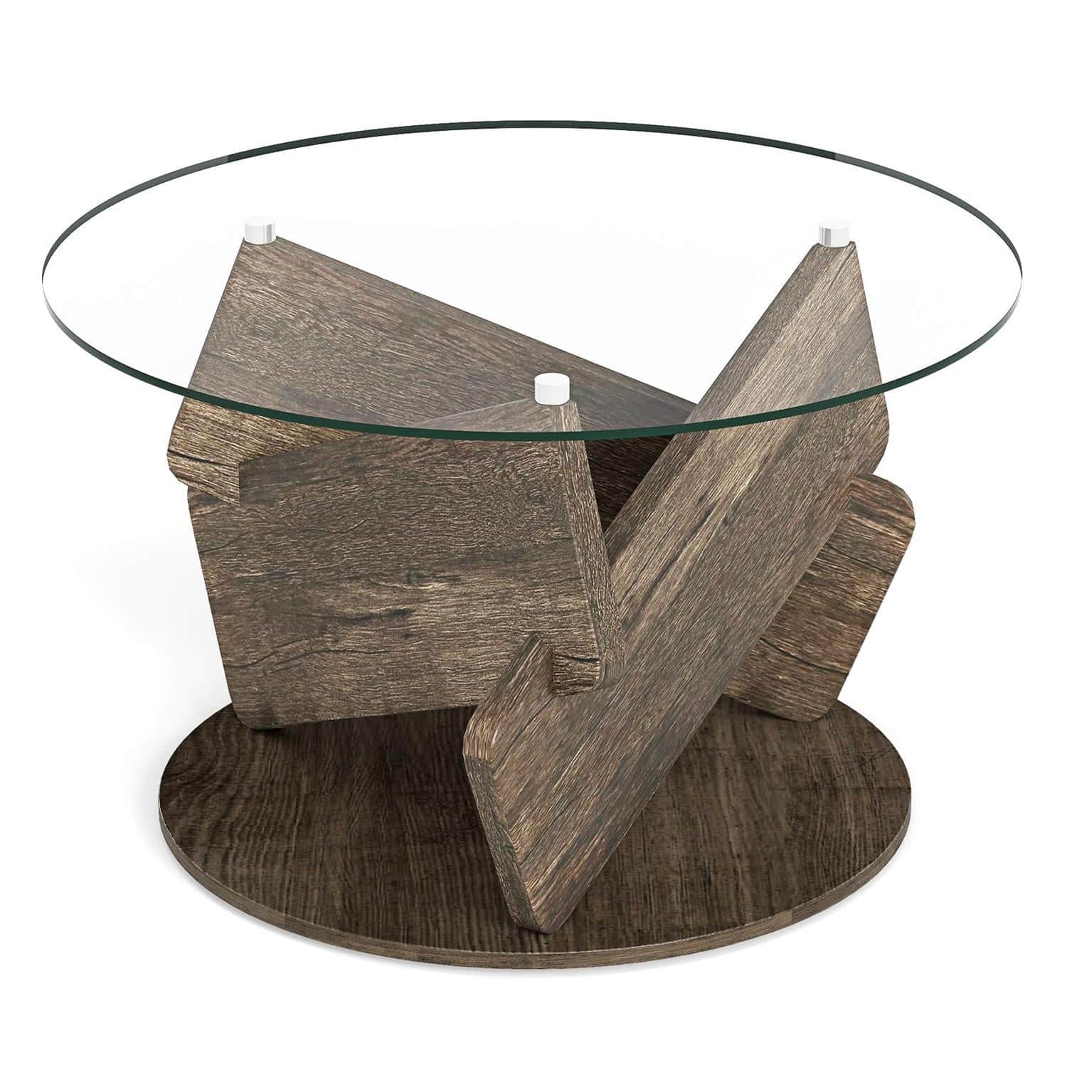 Pefilos - 32" Round Glass Coffee Table, Tempered Glass Tabletop, Rubberwood Base Frame, Aluminum Support Bars - Gray