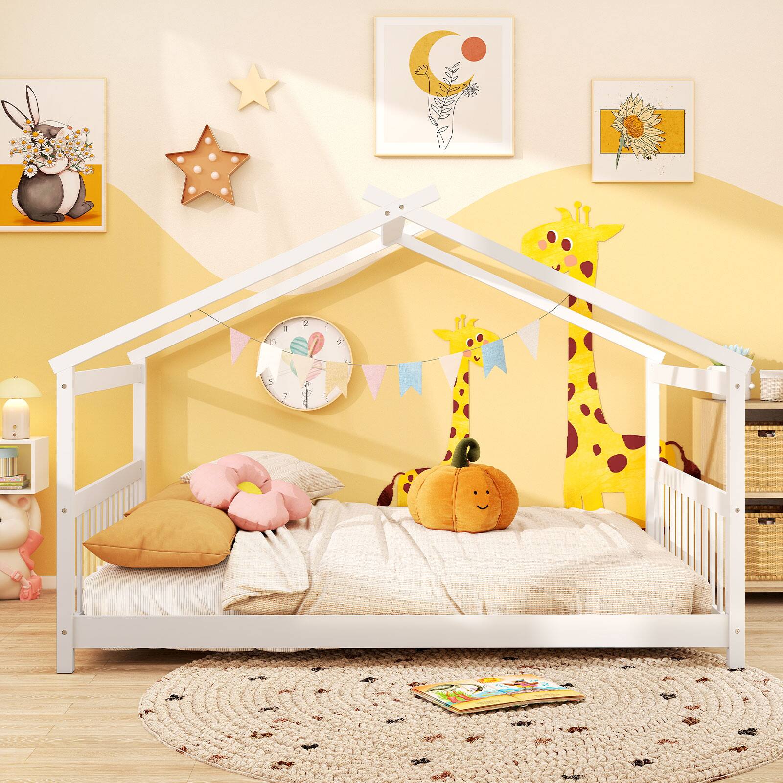 Alt View 4. Costway - Costway Full Size House Bed with Roof Wooden Low Floor Bed No Box Spring Needed - White.