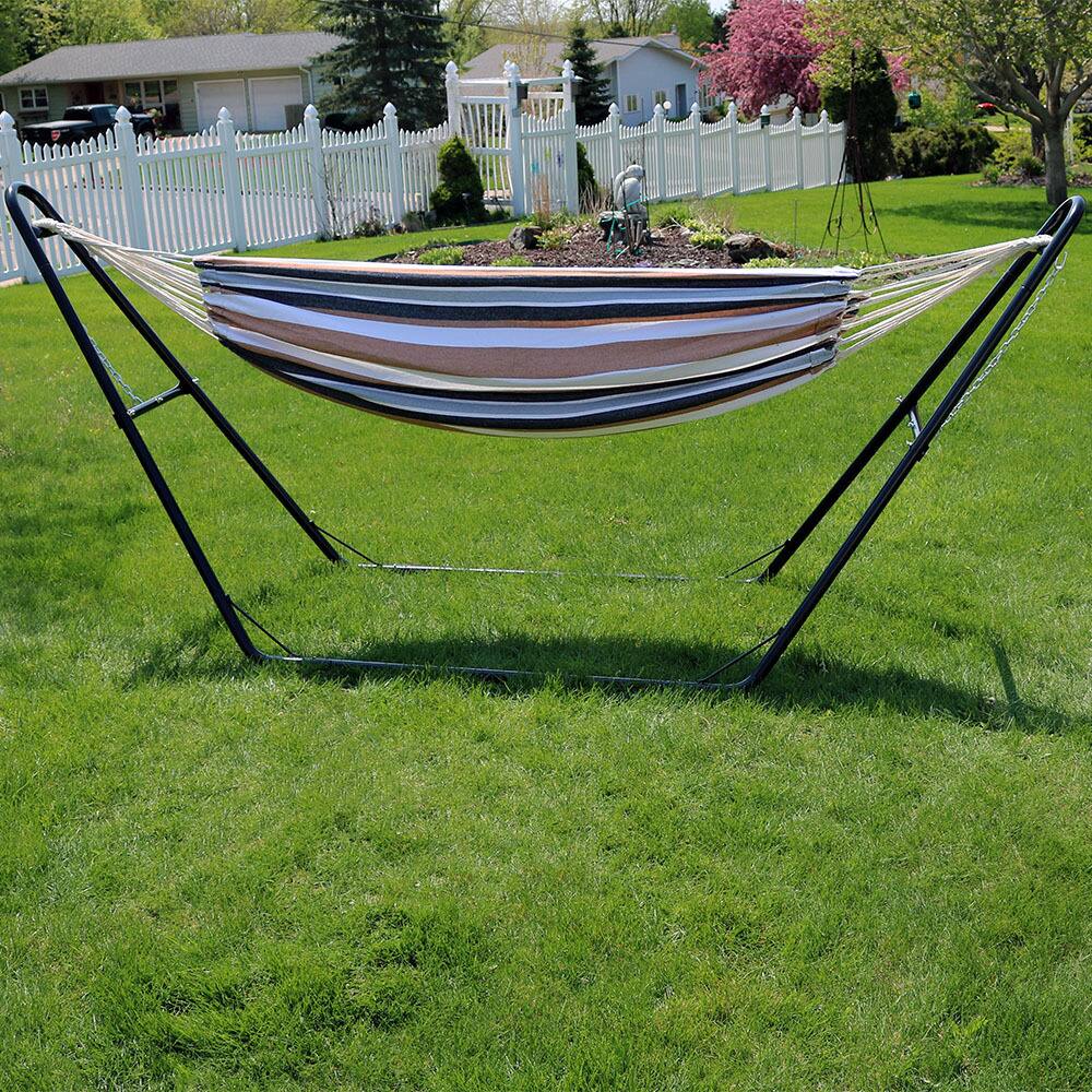 Alt View 2. Sunnydaze - 2-Person Fabric Hammock with Universal Steel Stand - Calming Desert.