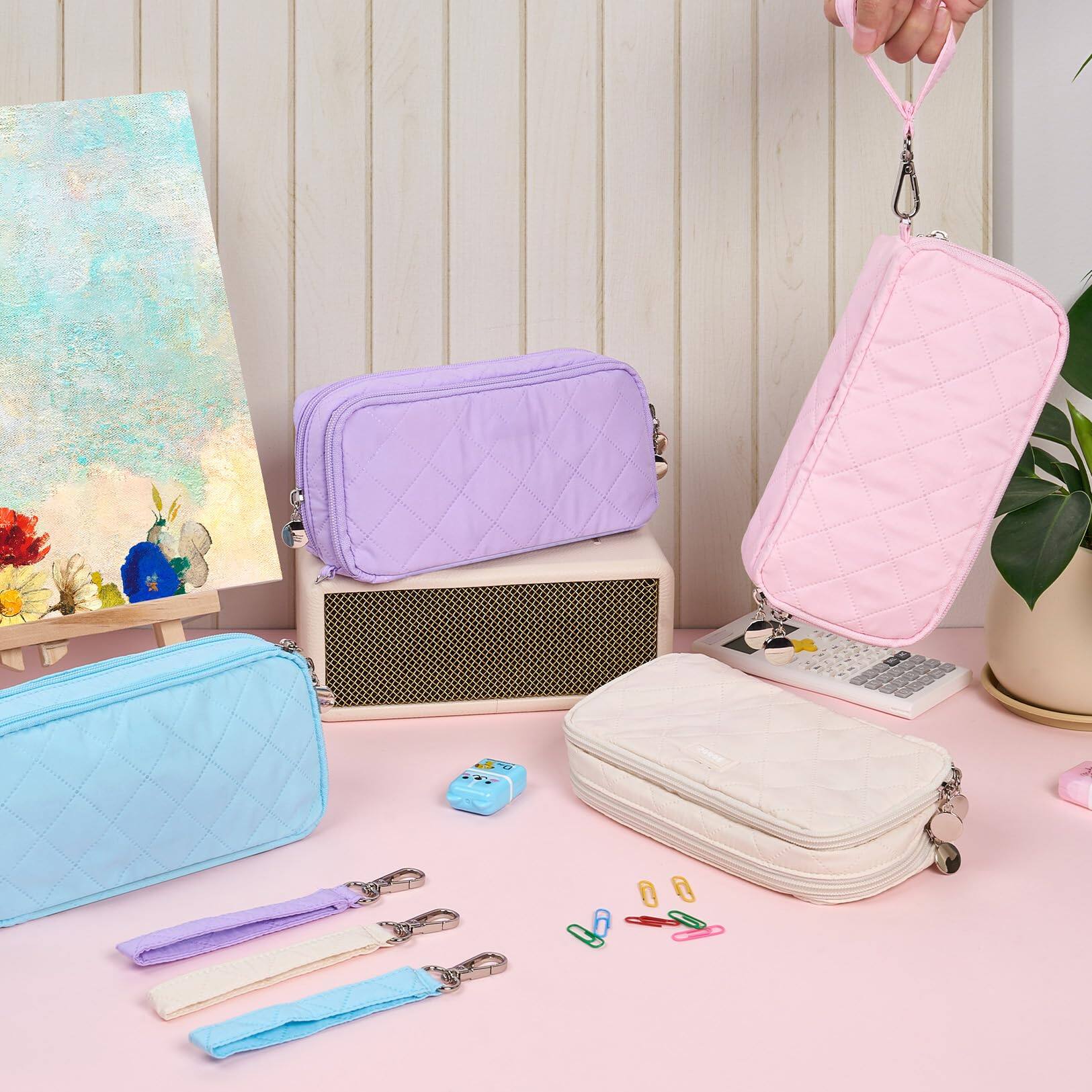 Alt View 6. Dapper Styles - Pencil Case Pouch Extra Big Bag With 8 Compartments Pen Opening Soft Quilted Organizer Zipper Portable For Teen Sky - Black.