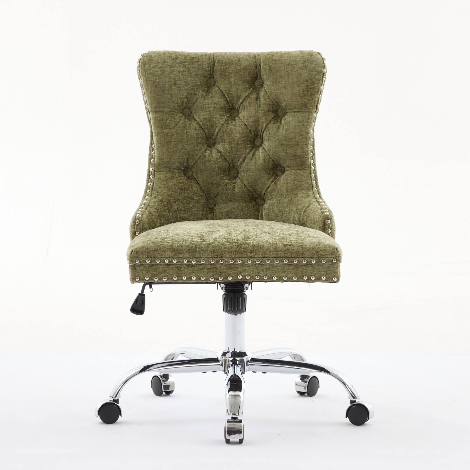 Angle. GOODSILO - Modern Chenille Upholstered Office Chair with Tufted Button Design and Chrome Metal Base for Home Office Workspace - Green.