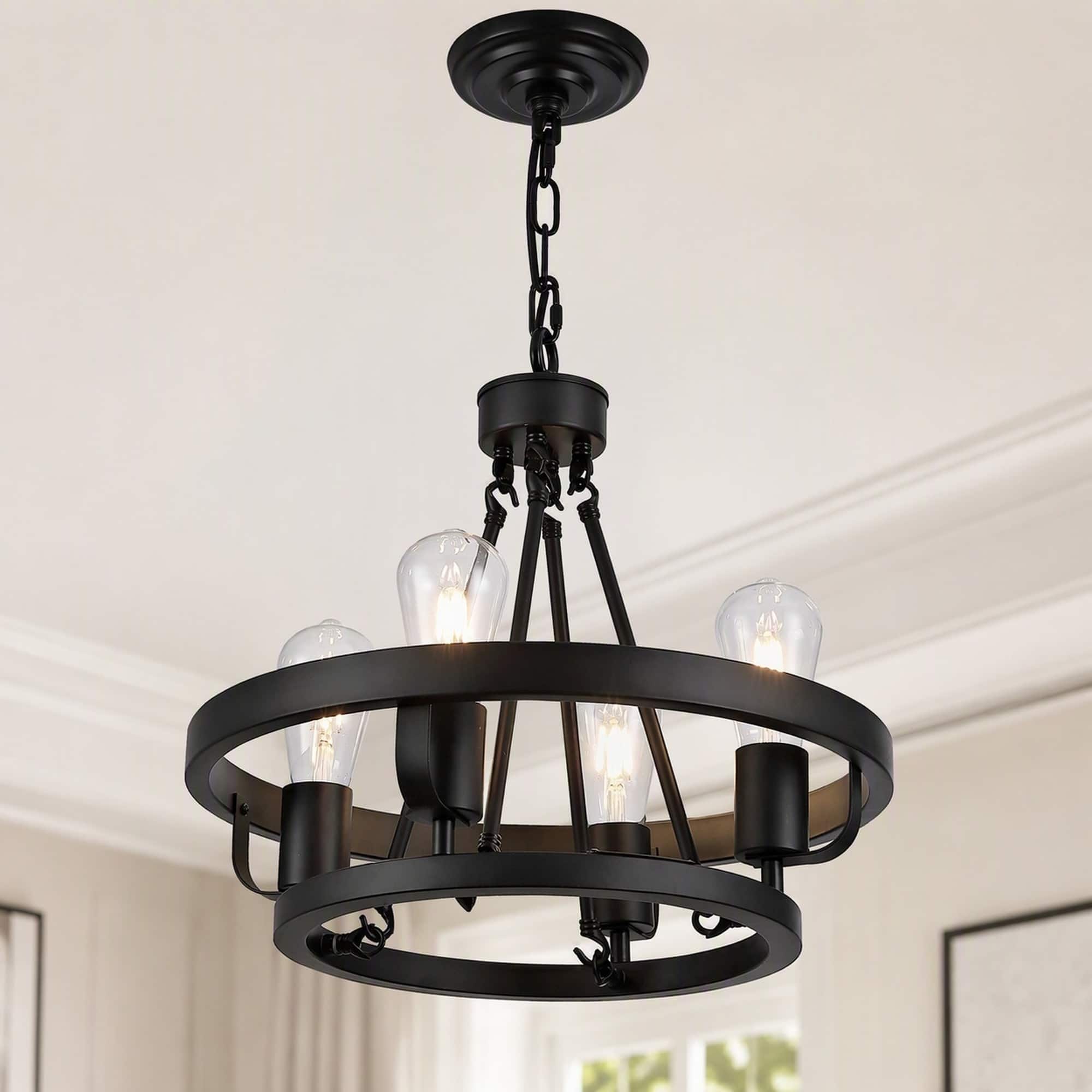 Front. RYHNUYNE - 4-Light Plug-In Pendant Light with 39.5-Foot Chain, Black Wagon Wheel Industrial Metal Shade, Adjustable Hanging.