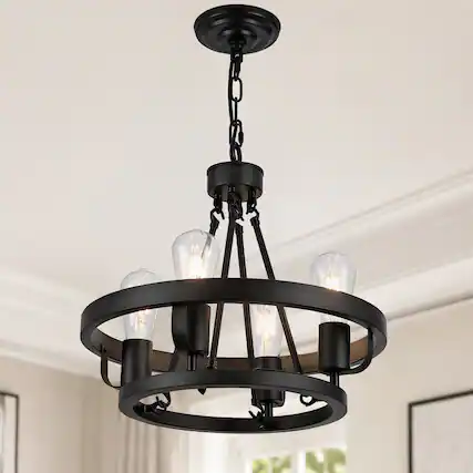Front. RYHNUYNE - 4-Light Plug-In Pendant Light with 39.5-Foot Chain, Black Wagon Wheel Industrial Metal Shade, Adjustable Hanging.