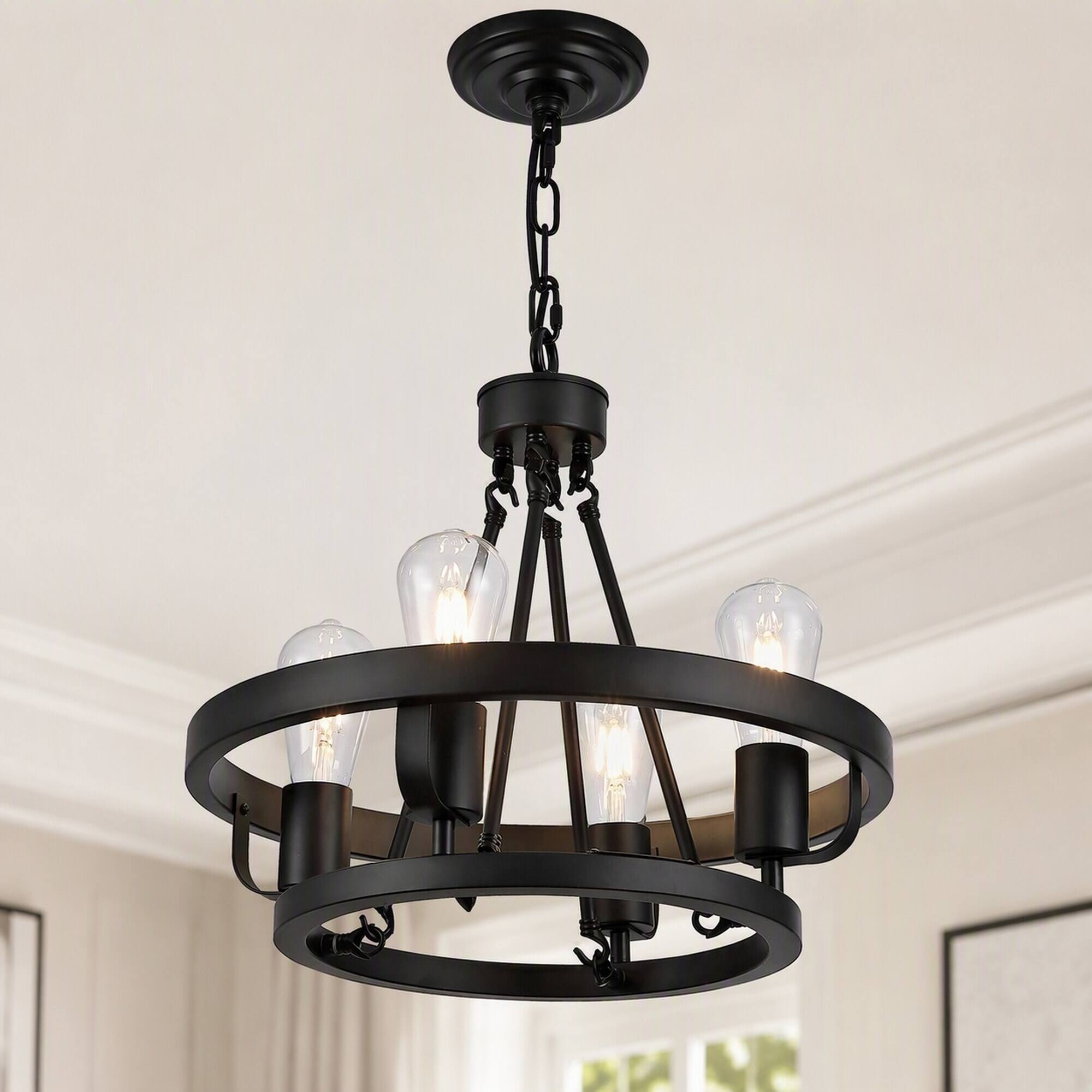 RYHNUYNE - 4-Light Plug-In Pendant Light with 39.5-Foot Chain, Black Wagon Wheel Industrial Metal Shade, Adjustable Hanging