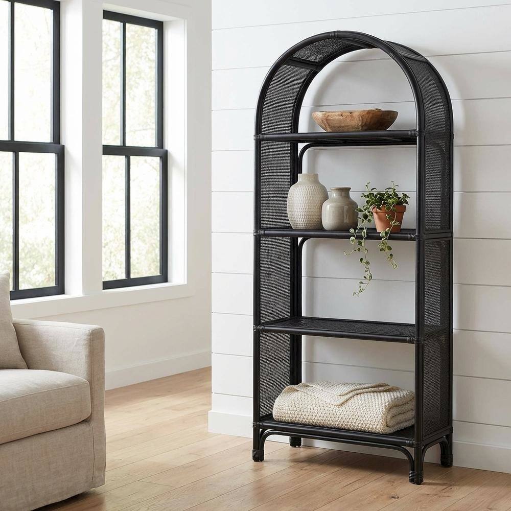 Angle. FurniFact - Black Arched Rattan Bookshelf with Slim Shelves and Natural Finish - Black.