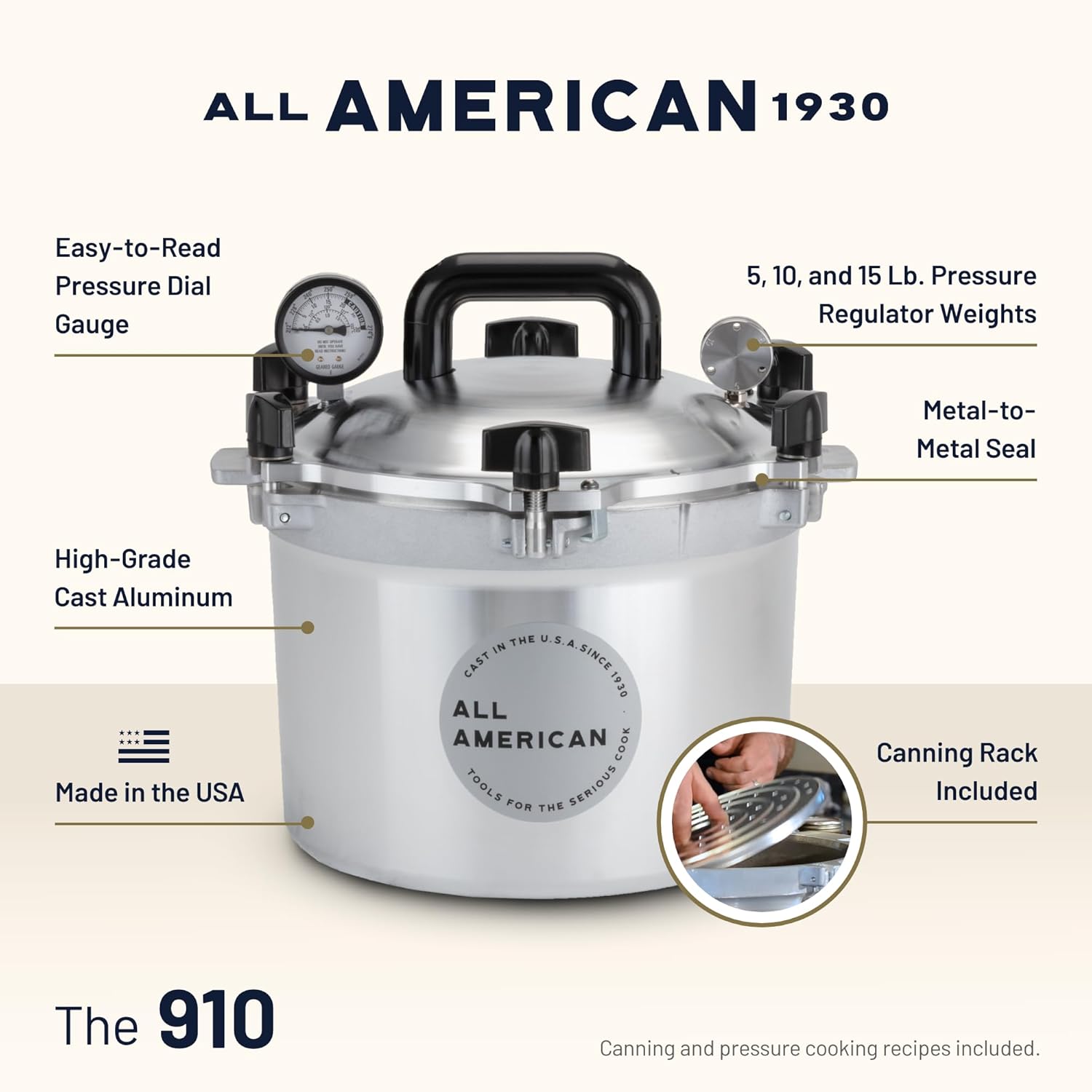 ALL AMERICAN 1930  
Easy-to-Read Pressure Dial Gauge  
5, 10, and 15 Lb. Pressure Regulator Weights  
Metal-to-Metal Seal  
High-Grade Cast Aluminum  
Made in the USA  
The 910  
Canning Rack Included  
Canning and pressure cooking recipes included.