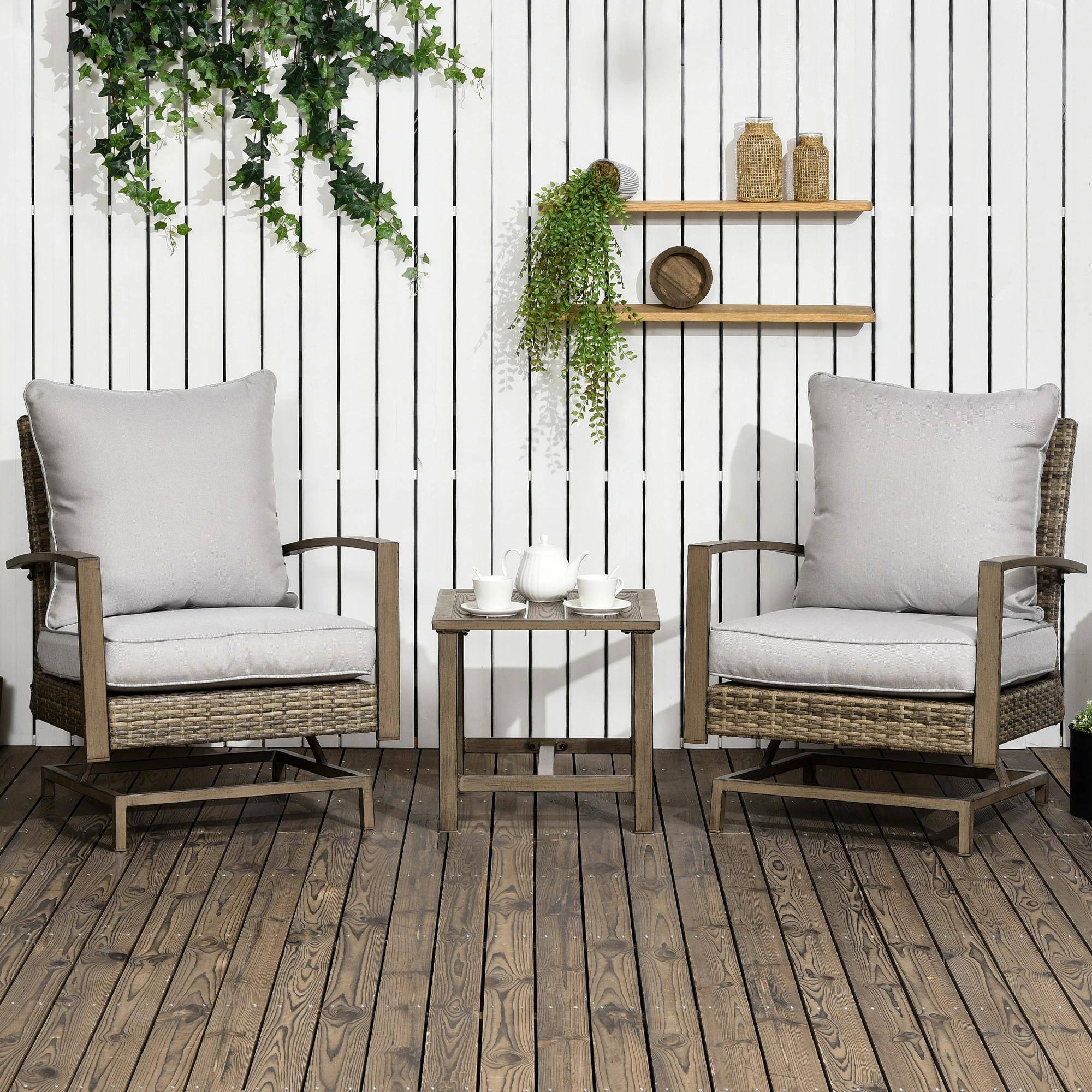 Alt View 7. Resenkos - Resenkos 3-Piece Rattan Patio Bistro Furniture Set, Soft Cushions and Rocking Function, Gray - Gray.