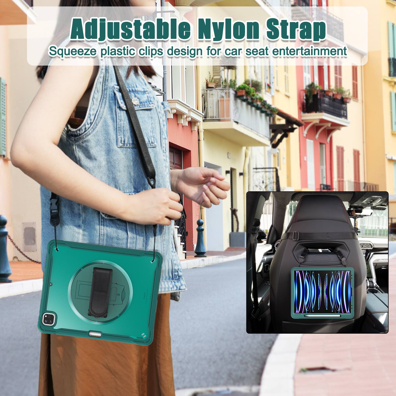 Adjustable Nylon Strap  
Squeeze plastic clips design for car seat entertainment