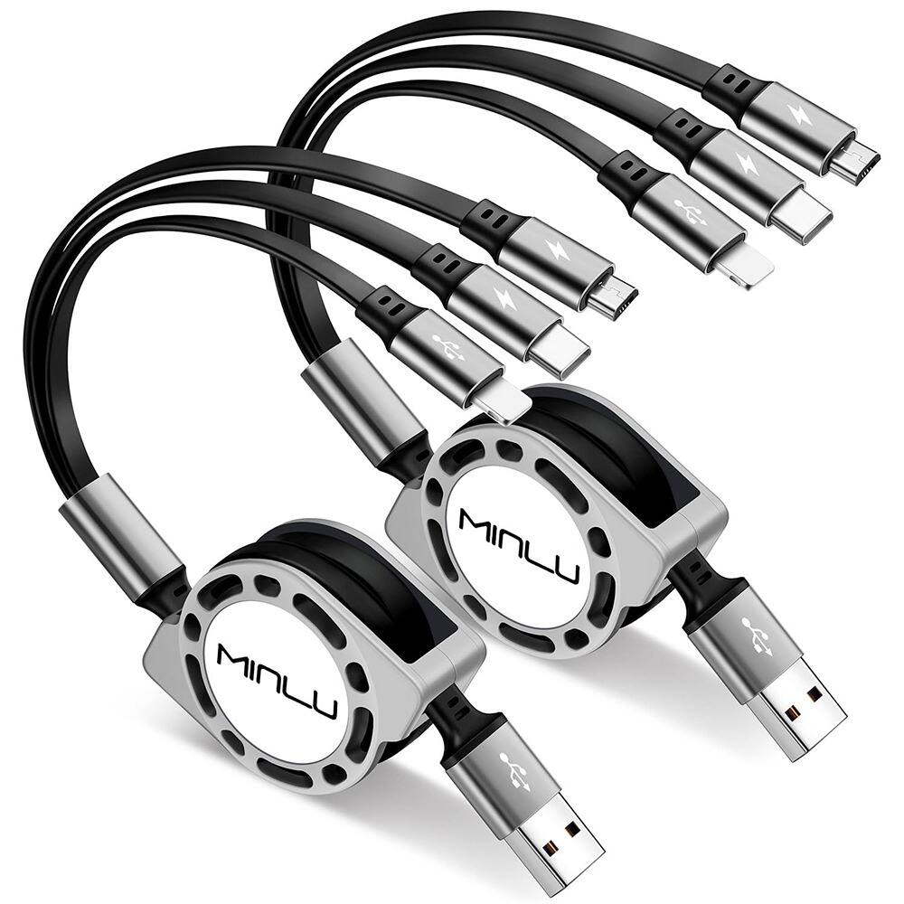 PARKER SLATER - Retractable 3 in 1 multi charging cable, 3A fast charger cord with Lightning, Type-C, Micro USB for phone - Black/Grey