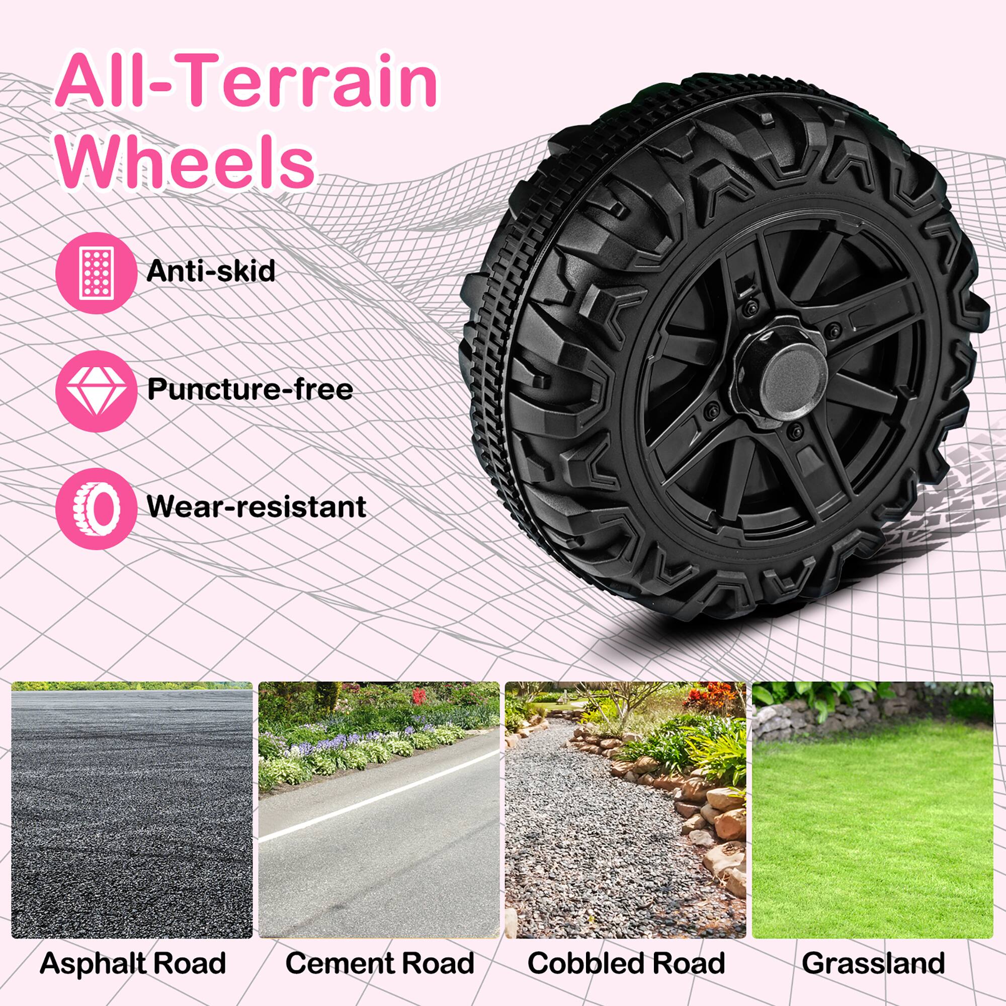All-Terrain Wheels

Anti-skid  
Puncture-free  
Wear-resistant  

Asphalt Road  
Cement Road  
Cobbled Road  
Grassland