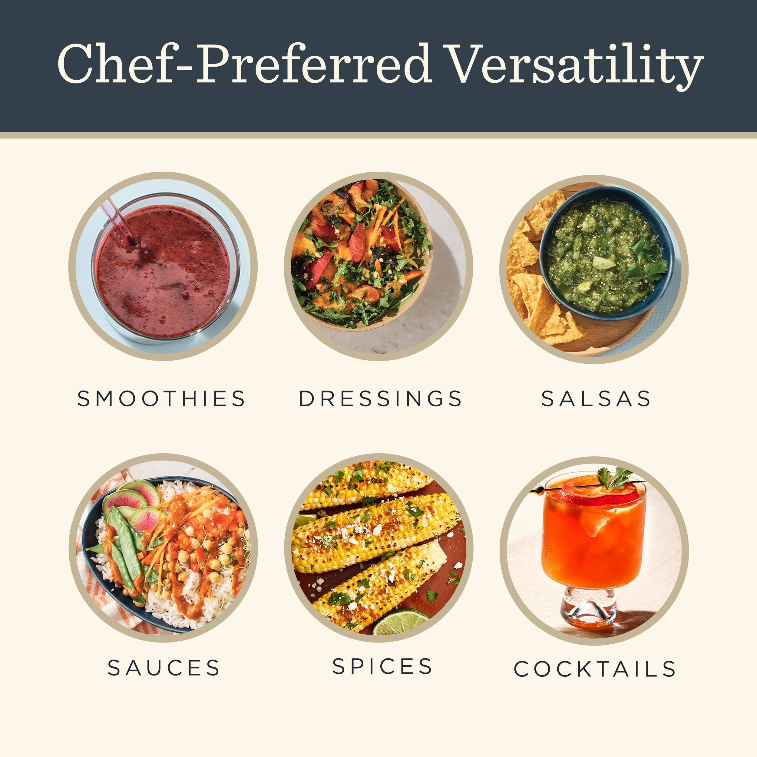 Chef-Preferred Versatility

- SMOOTHIES
- DRESSINGS
- SALSAS
- SAUCES
- SPICES
- COCKTAILS
