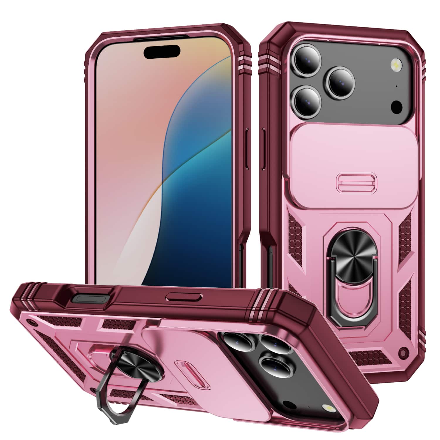 Dteck - Slide Camera Lens Case For iPhone 17 Pro Max, Shockproof Magnetic Ring Kickstand PC TPU Hard Cover - Pink/Rose price history on PriceWatchPro