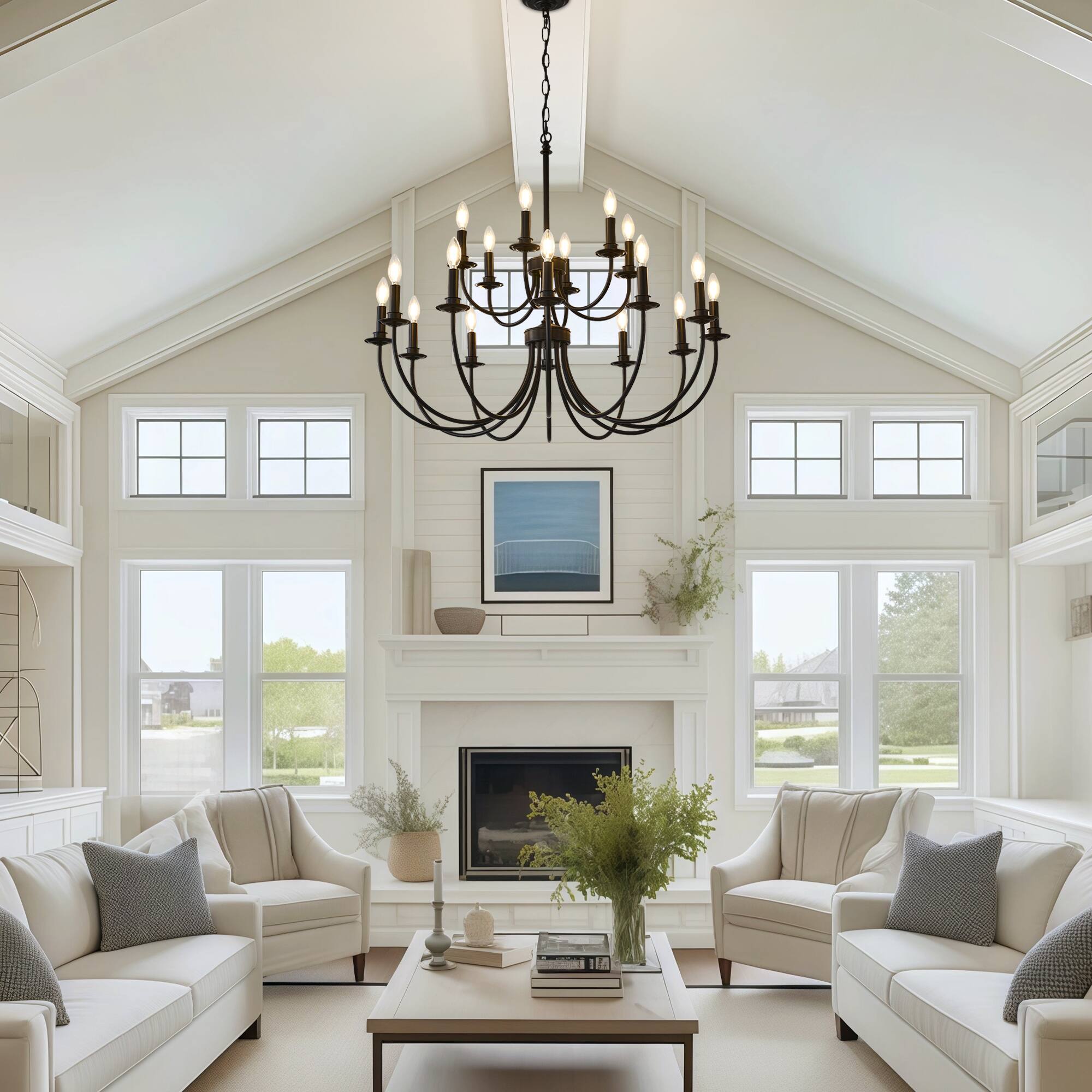 Angle. RYHNUYNE - 18 Lights Black Chandelier, 2-Tier Farmhouse Chandeliers for Dining Room, Large Industrial Candle Pendant Light Fixtures - Black.