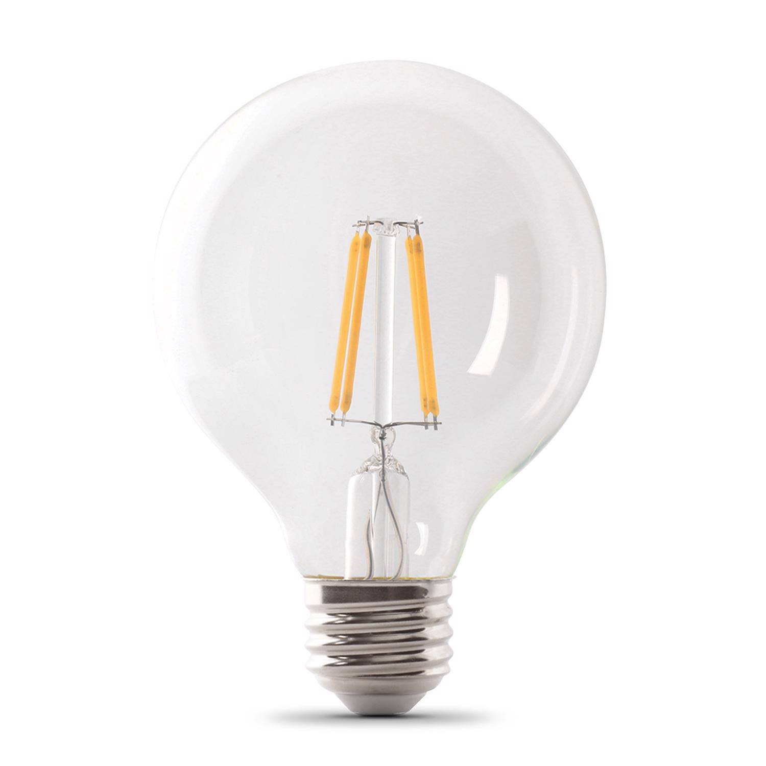 Left. FEIT ELECTRIC - Feit G25 E26 (Medium) Filament LED Bulb Soft White 100 Watt Equivalence 1 pk.