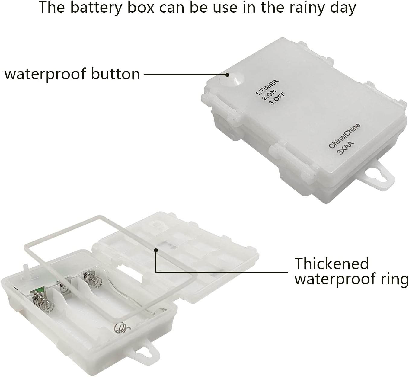 The battery box can be used in the rainy day.

- waterproof button
- Thickened waterproof ring