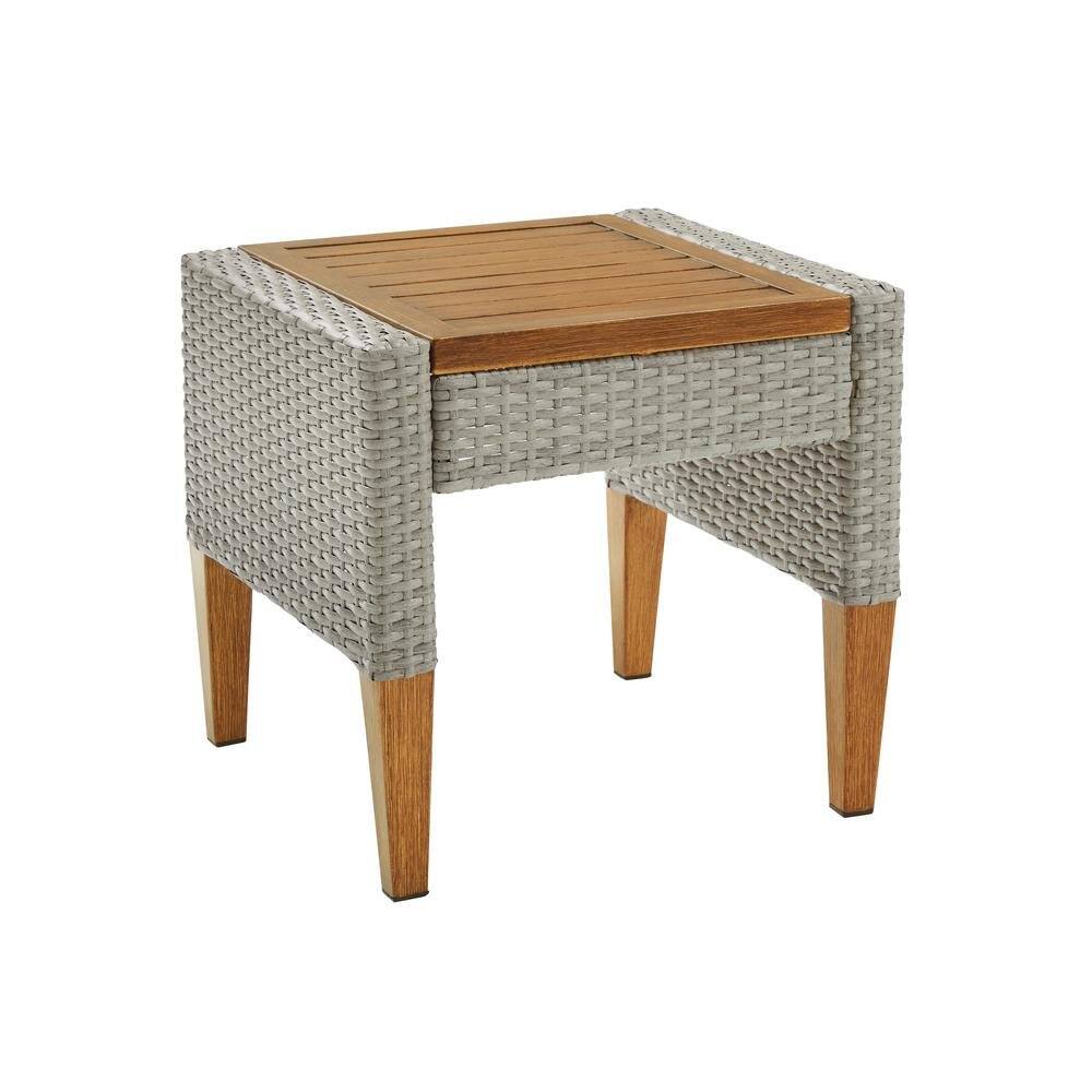 Back. Outdoor Escape - Gray Outdoor Wicker Side Table with Steel Frame for Patio Use - Gray.