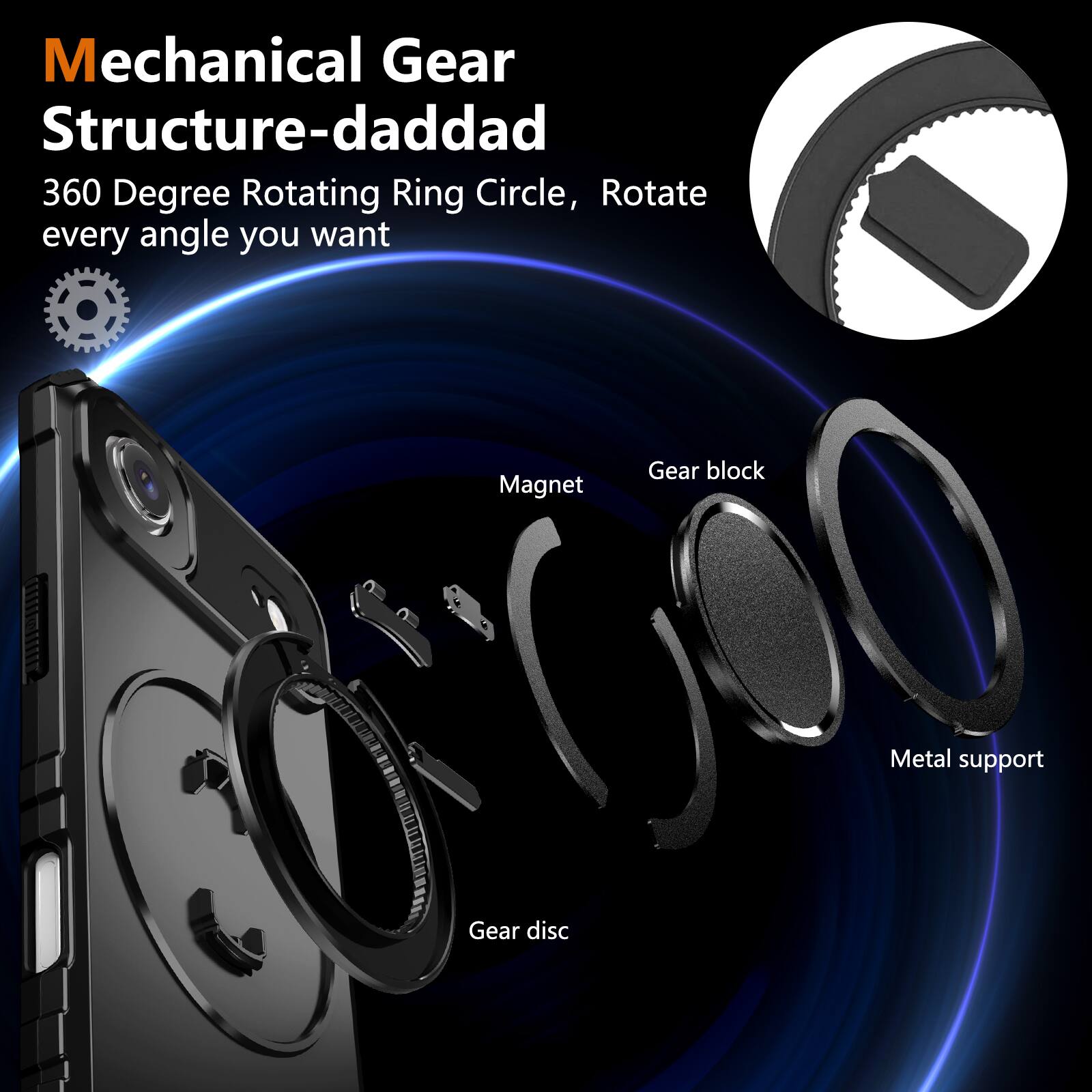 Mechanical Gear Structure-daddad  
360 Degree Rotating Ring Circle, Rotate every angle you want  

- Magnet  
- Gear block  
- Metal support  
- Gear disc