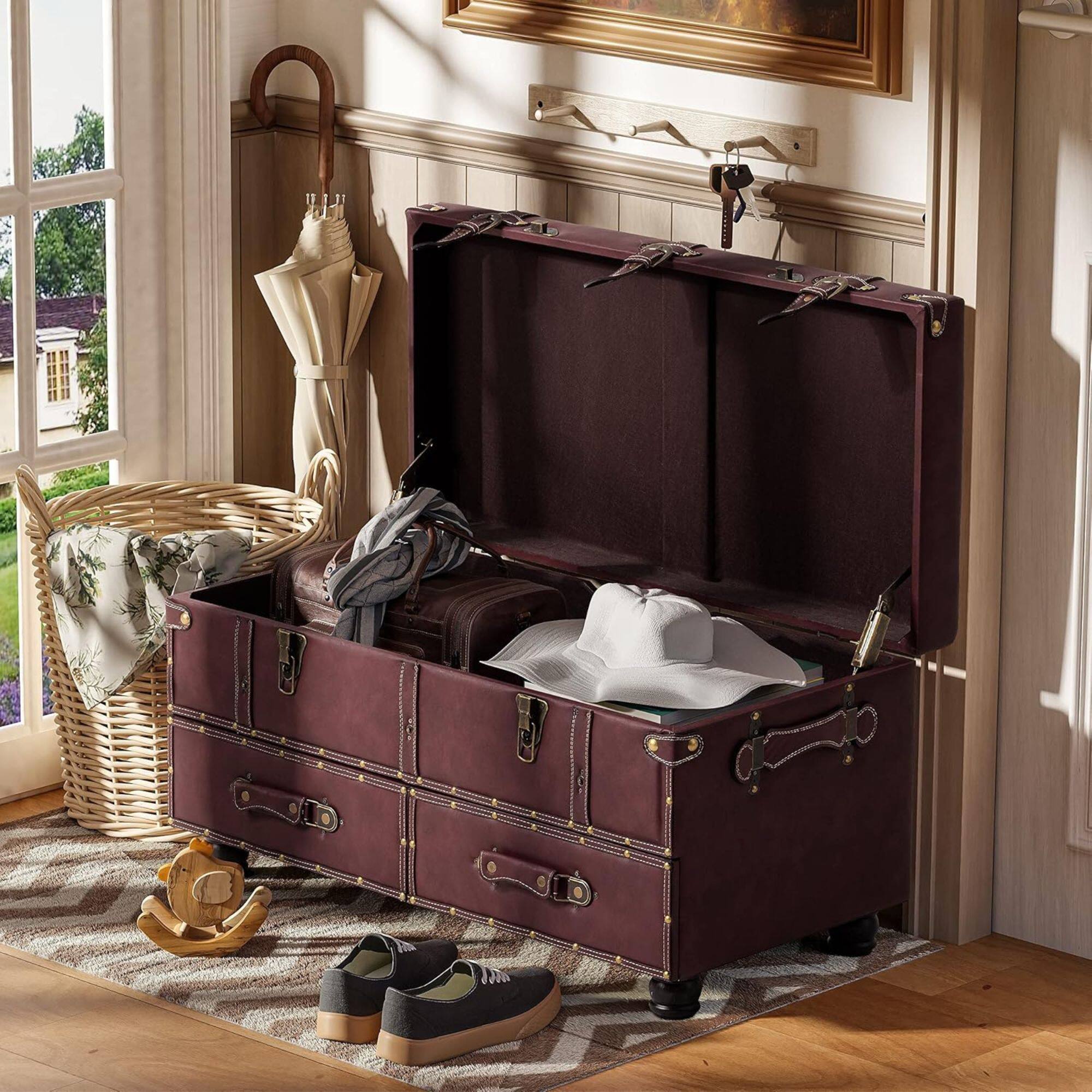 Alt View 7. COZAYH - COZAYH Vintage Storage Bench, Upholstered Wooden Ottoman Bed Chest Box, Magenta - Dark Magenta.