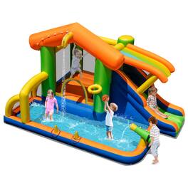 Costway - 8-in-1 Multifunctional Water Park with Slide With Climbing Wall Water Cannon Blower Excluded - Multicolor