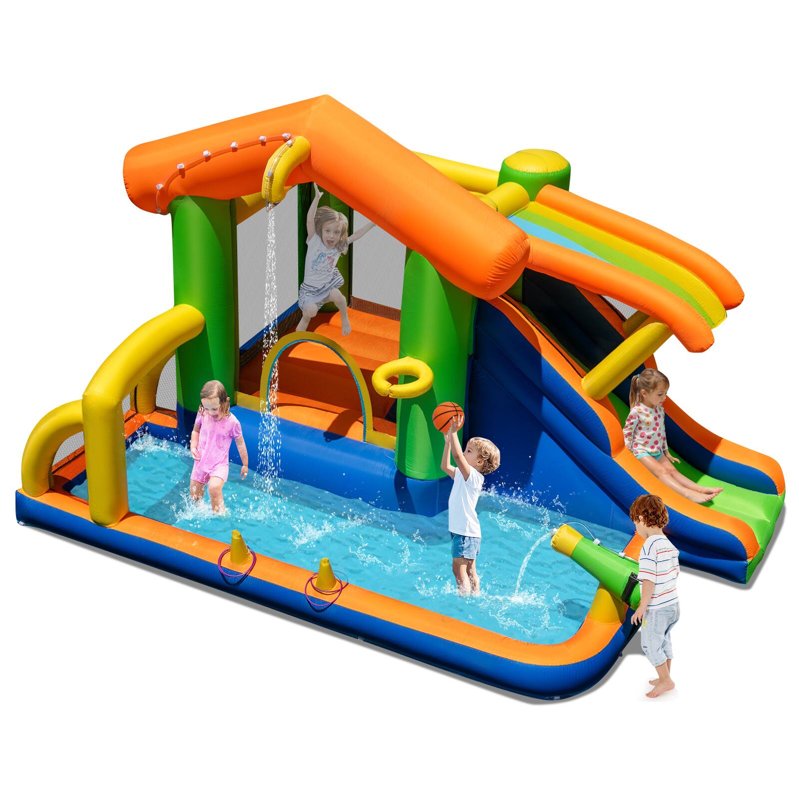 Costway - 8-in-1 Multifunctional Water Park with Slide With Climbing Wall Water Cannon Blower Excluded - Multicolor