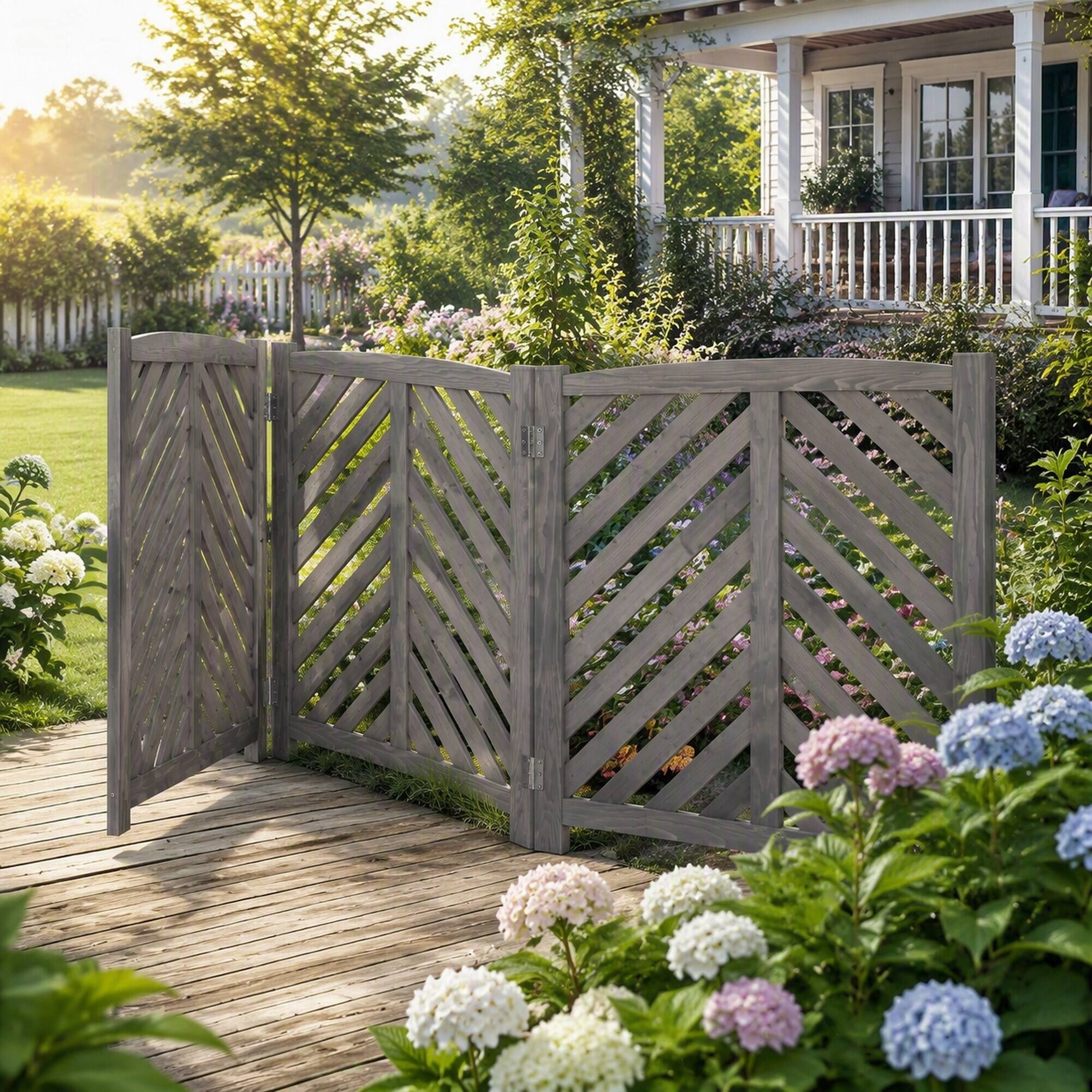 Left. RYHNUYNE - Cedar 3 Panel Outdoor Privacy Screen for Air Conditioner and Trash Can Enclosure, 32 Inch Wide by 38 Inch Tall - Gray.