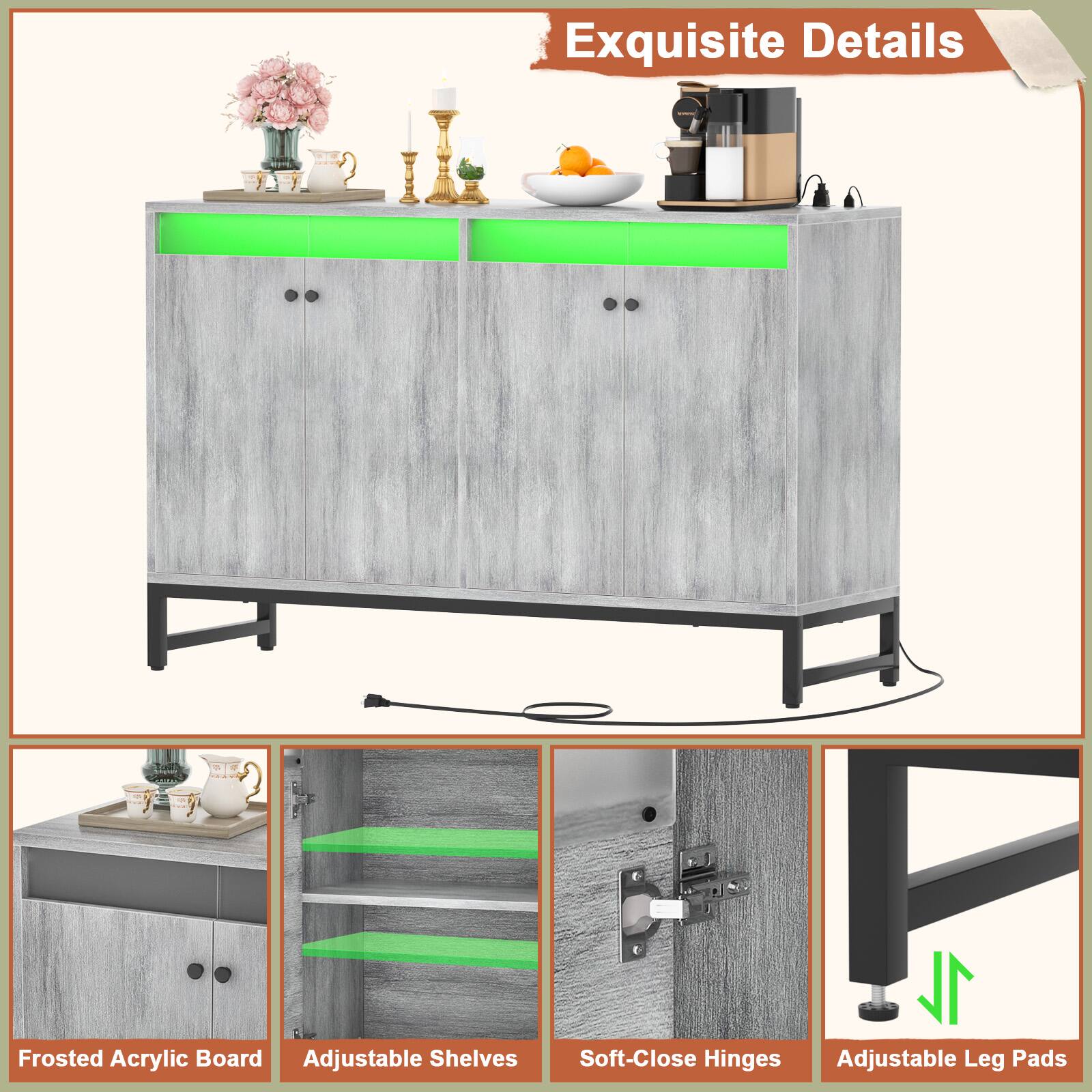 Exquisite Details:  
- Frosted Acrylic Board  
- Adjustable Shelves  
- Soft-Close Hinges  
- Adjustable Leg Pads