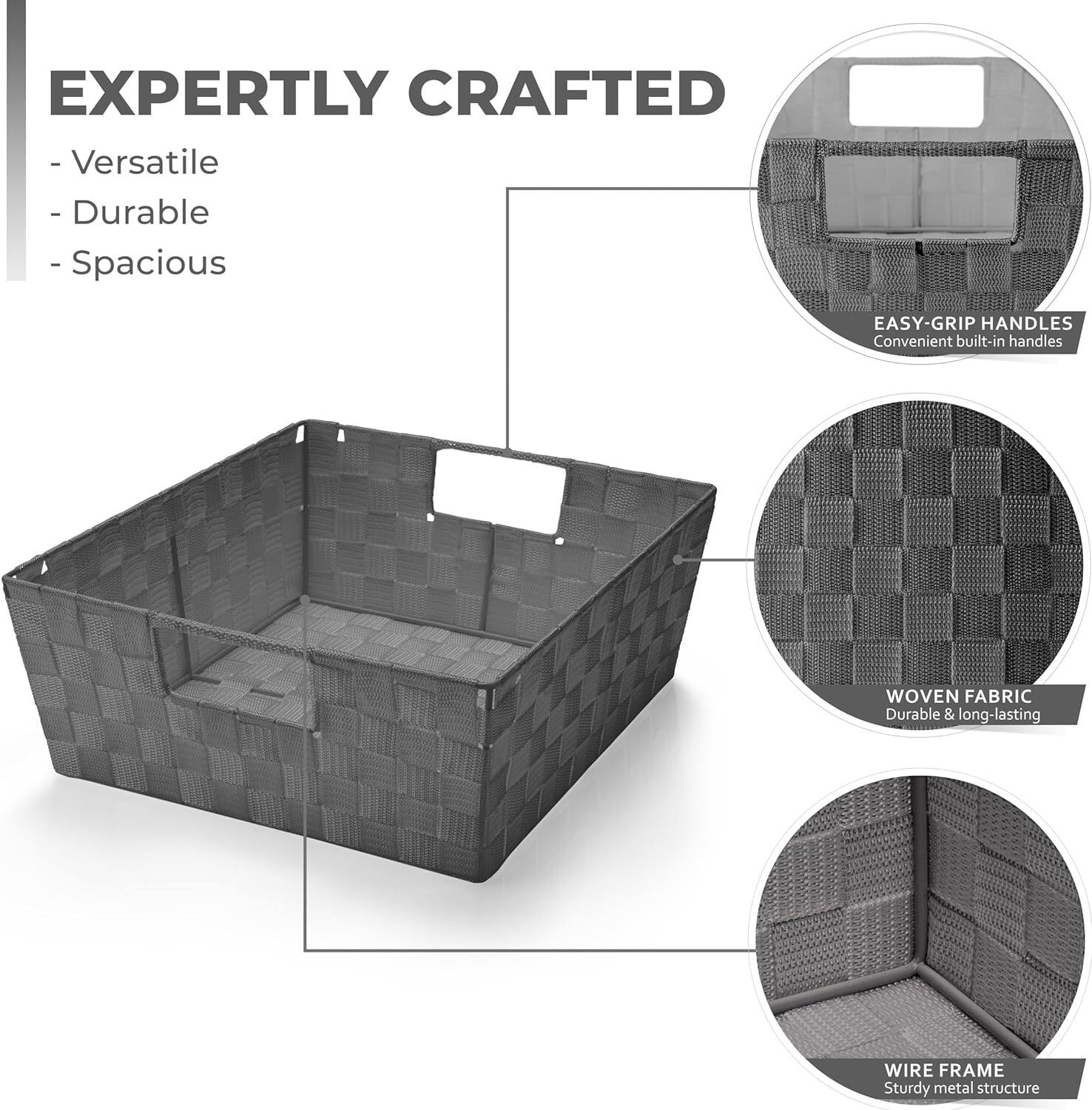EXPERTLY CRAFTED  
- Versatile  
- Durable  
- Spacious  

EASY-GRIP HANDLES  
Convenient built-in handles  

WOVEN FABRIC  
Durable & long-lasting  

WIRE FRAME  
Sturdy metal structure