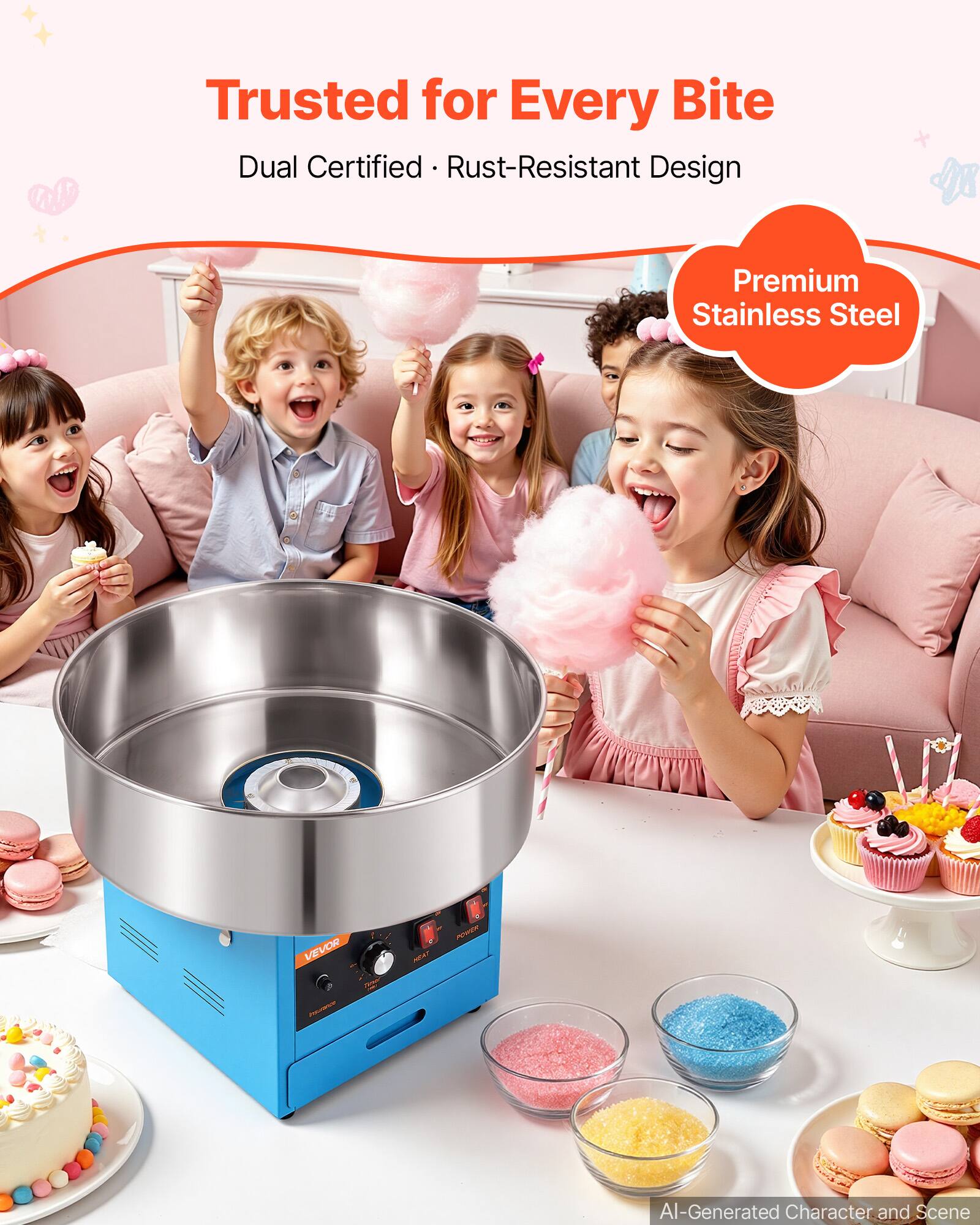 Trusted for Every Bite  
Dual Certified • Rust-Resistant Design  
Premium Stainless Steel  

VEVOR  
POWER  

AI-Generated Character and Scene