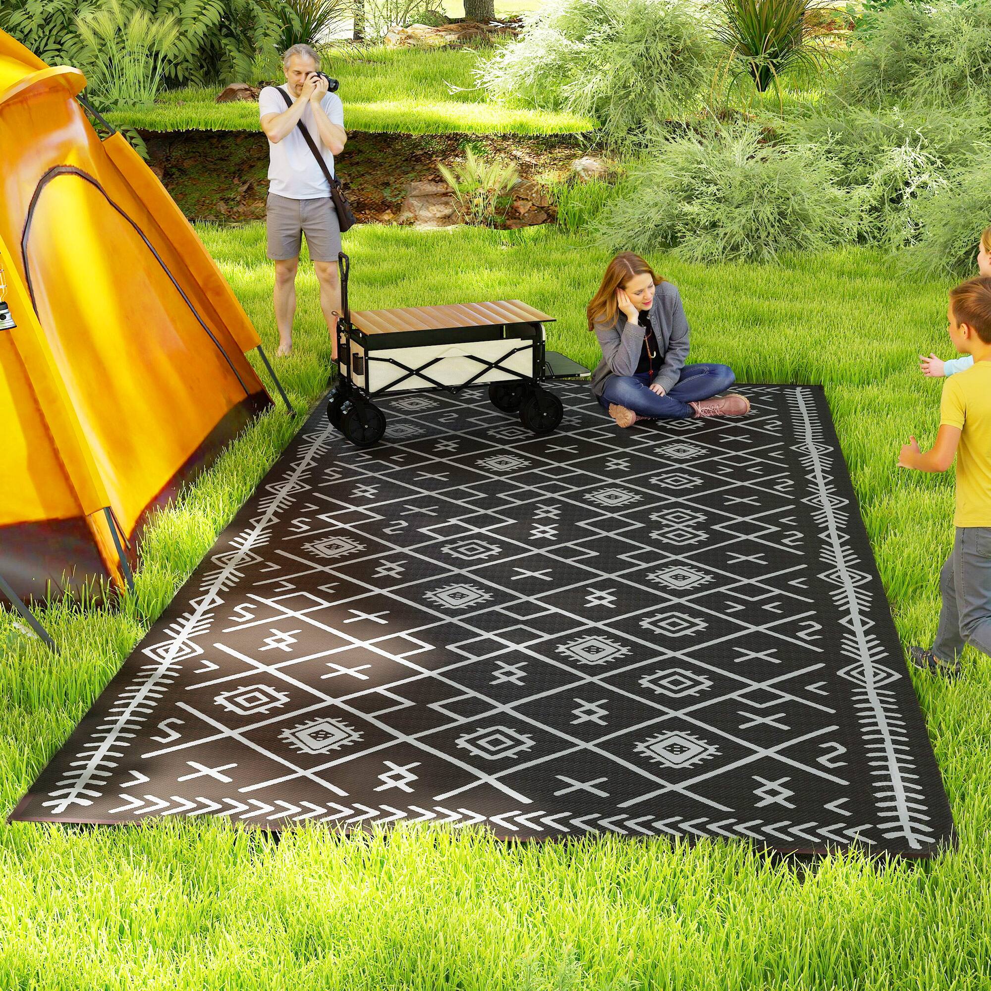 Alt View 1. Outsunny - Reversible Outdoor Rug, 9' x 18' Waterproof Plastic Straw Floor Mat, Portable RV Camping Carpet, Large Floor Mat - Black and Gray Rhombus.