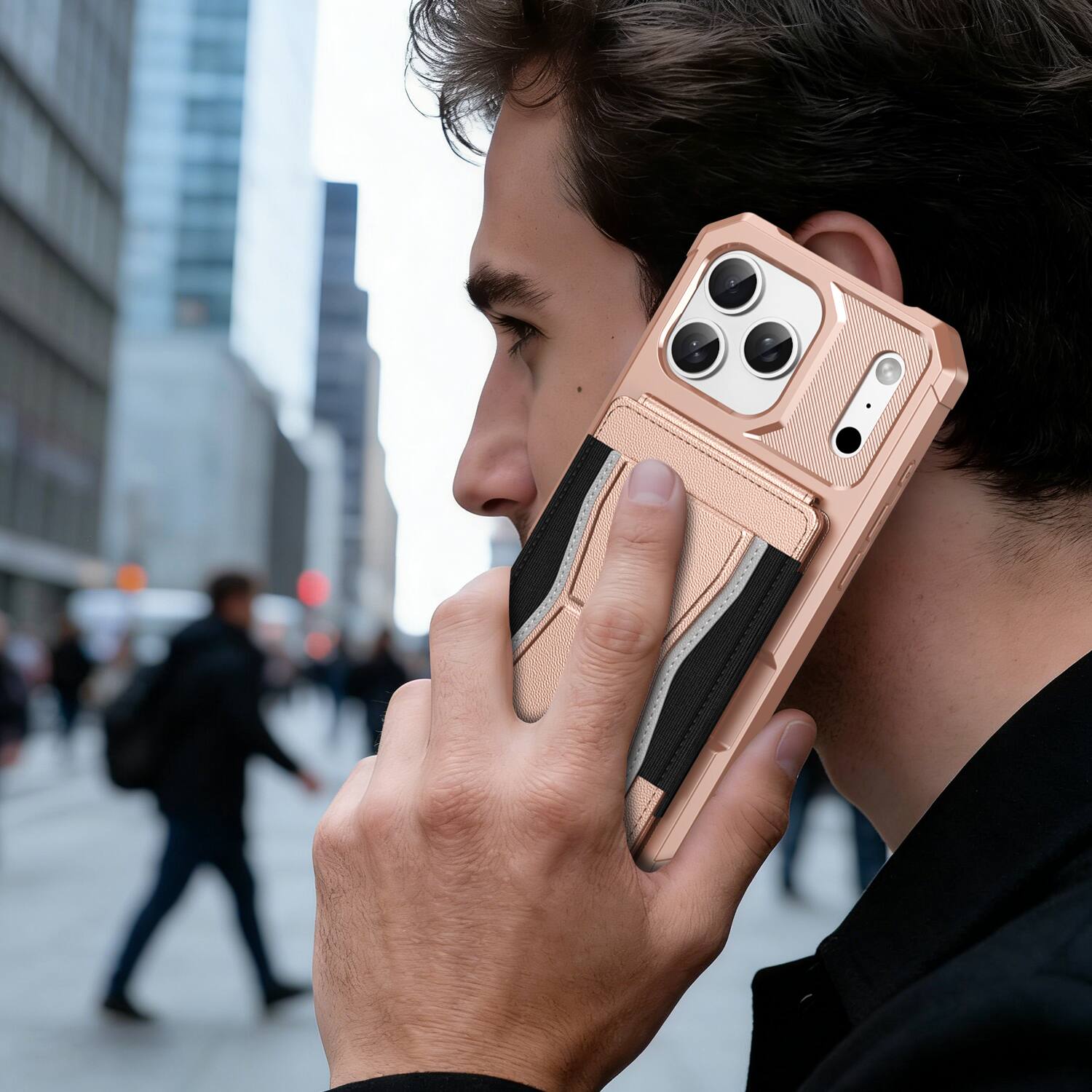 Alt View 2. Dteck - Rugged Wallet Case for Apple iPhone 17 Pro Max, Shockproof Protective Cover with Elastic Card Holder and Kickstand - Rosegold.