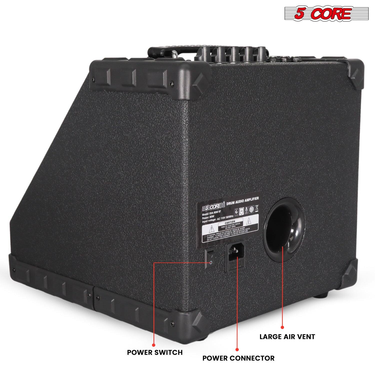 5 CORE  
DRUM AUDIO AMPLIFIER  

Model: ECA-8T  
Power: AC 110V 60Hz  
Power Consumption: 100W  
Output: 8Ω 100W  

LARGE AIR VENT  
POWER CONNECTOR  
POWER SWITCH
