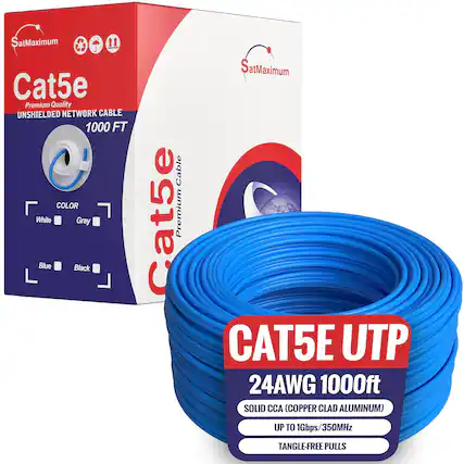 SatMaximum Cat5e Premium Quality UNSHIELDED NETWORK CABLE 1000 FT COLOR White Gray Blue Black Cable Cat5e Premium SatMaximum S CAT5E UTP 24AWG 1000ft SOLID CCA (COPPER CLAD ALUMINUM) UP TO 1Gbps/350MHz TANGLE-FREE PULLS