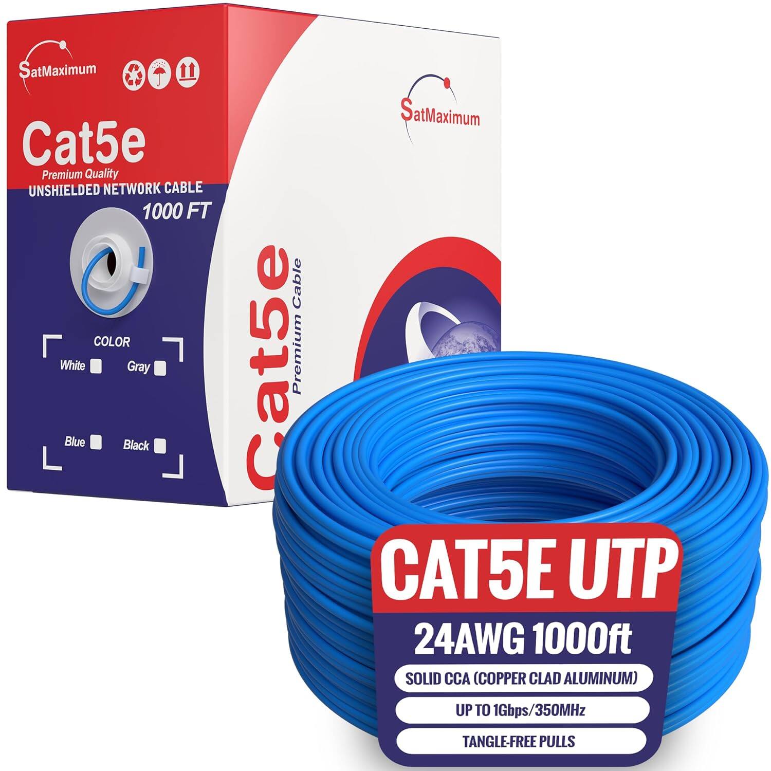 SatMaximum Cat5e Premium Quality UNSHIELDED NETWORK CABLE 1000 FT COLOR White Gray Blue Black Cable Cat5e Premium SatMaximum S CAT5E UTP 24AWG 1000ft SOLID CCA (COPPER CLAD ALUMINUM) UP TO 1Gbps/350MHz TANGLE-FREE PULLS