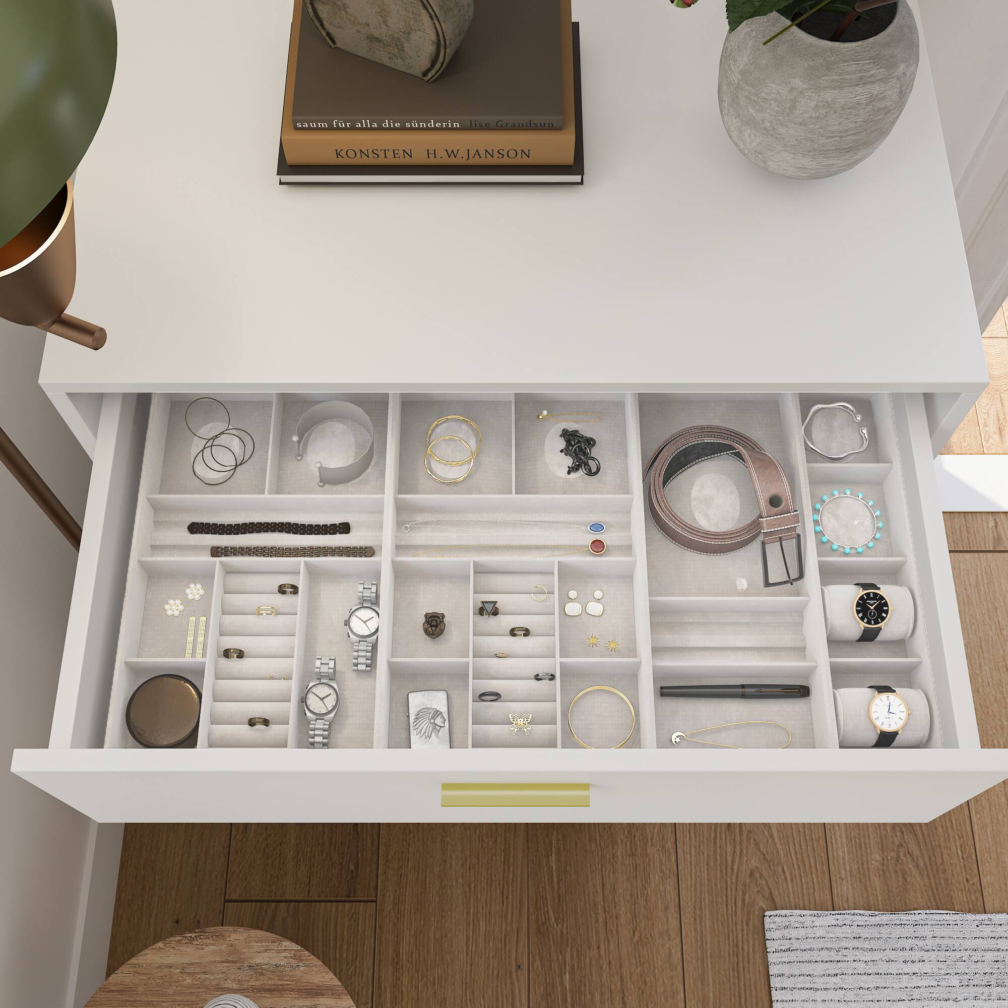 Certainly! Here is the corrected and grouped text from the image:

**Top Shelf:**
- "saum für alla die sünderein lise Girardet"
- "KONSTEN H.W. JANSON"

**Bottom Shelf:**
- "KONSTEN H.W. JANSON"