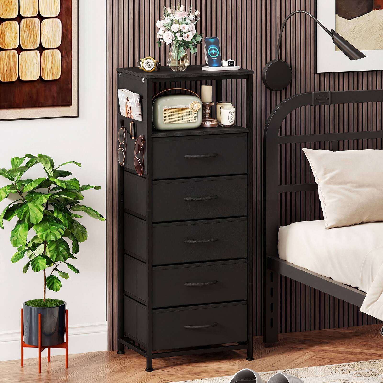 Alt View 4. Costway - Costway 2 PCS Nightstand with Integrated Charging Station, Bedside Table with 5 Fabric Drawers - Black.