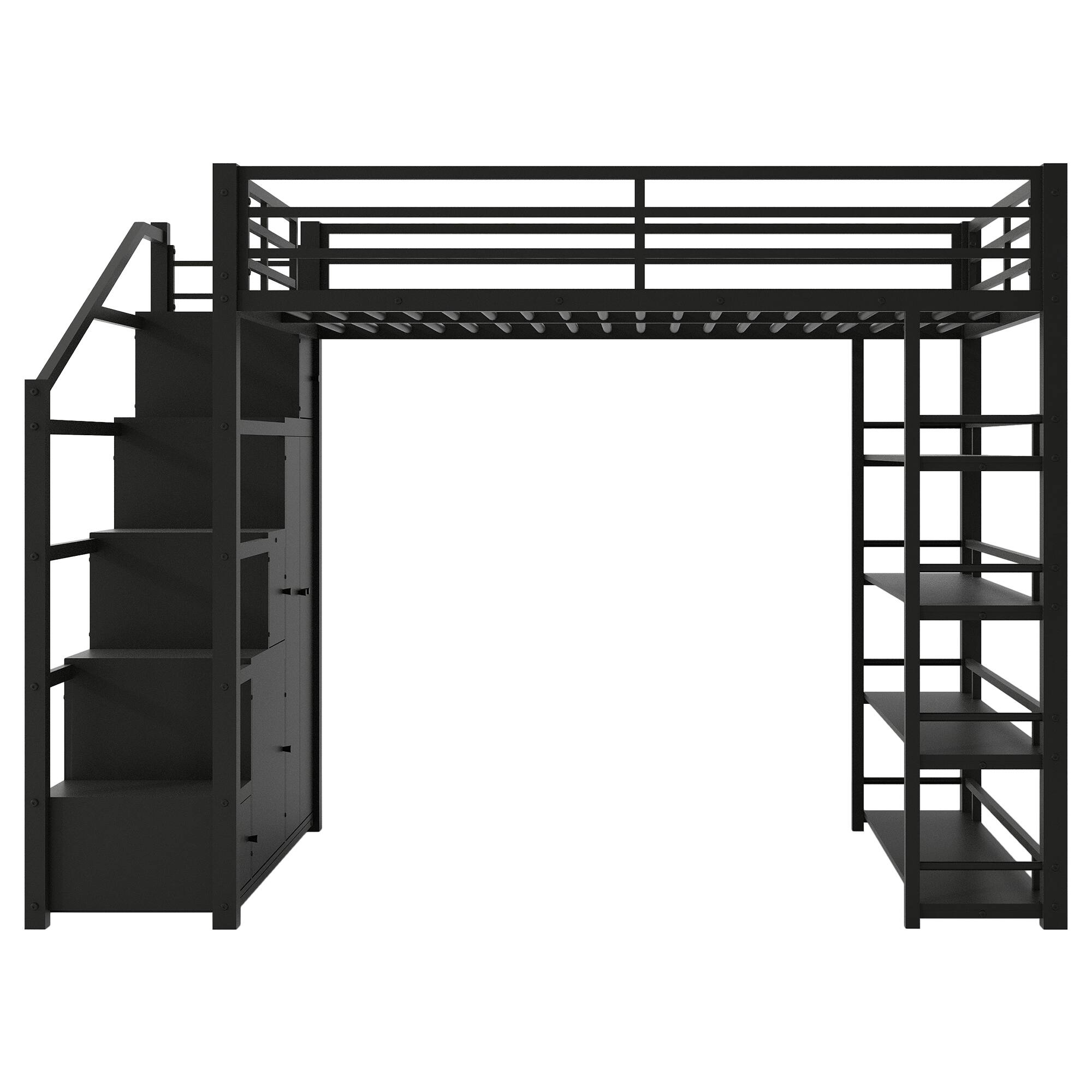 Back. Whisen - Full Size Metal Loft Bed with Storage Shelves, Cabinets and Wardrobe for Bedroom and Dormitory - Black.
