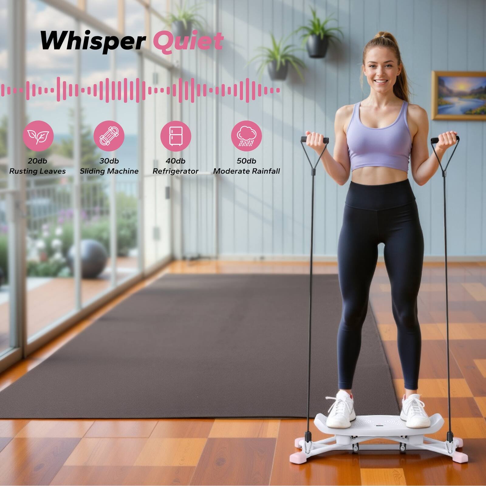 Whisper Quiet

20db  
Rusting Leaves

30db  
Sliding Machine

40db  
Refrigerator

50db  
Moderate Rainfall