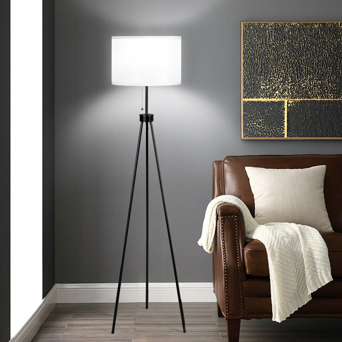 Alt View 3. Costway - Costway Modern Metal Tripod Floor Lamp White Fabric Shade w/ Chain Switch Home & Office - White,Black.