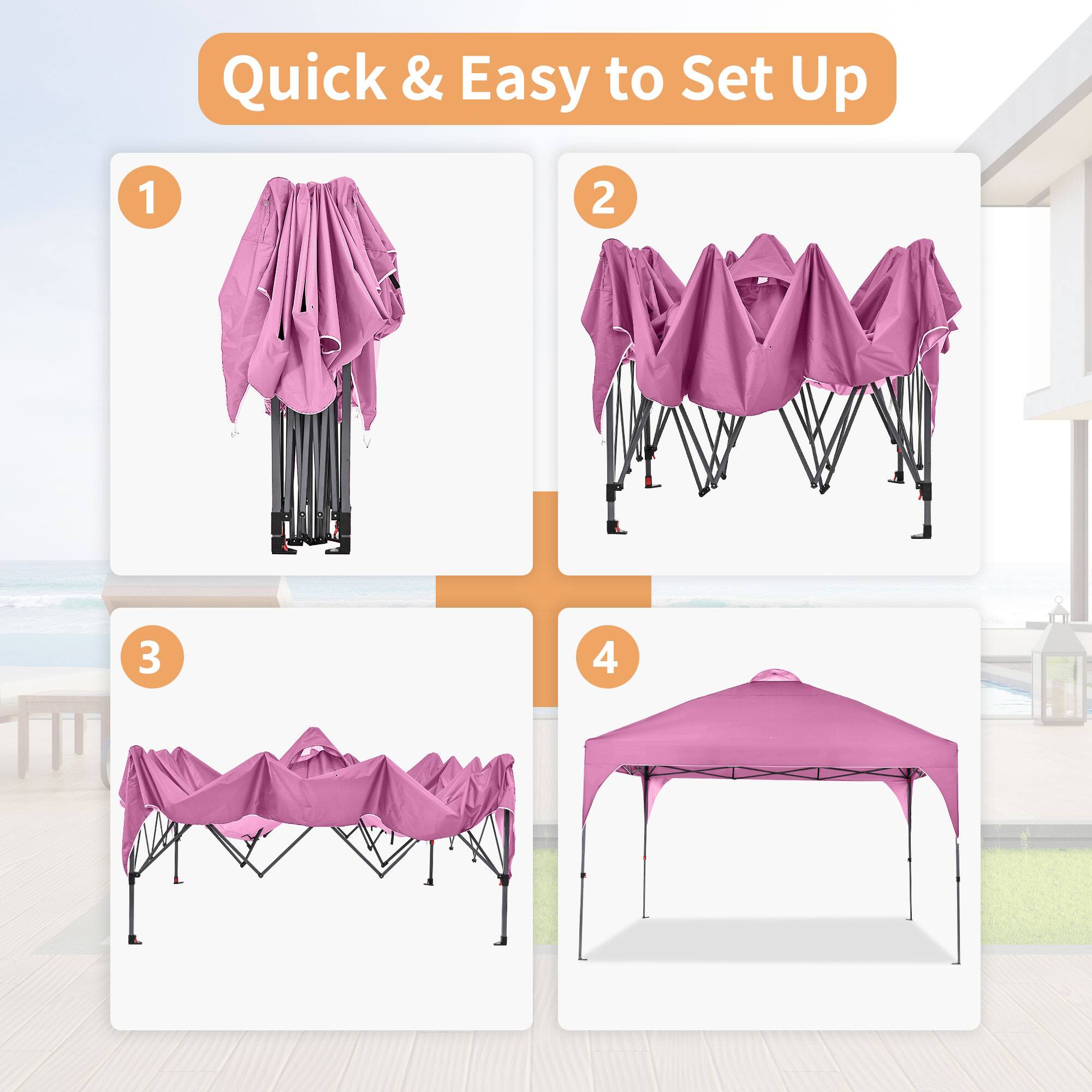 Quick & Easy to Set Up

1. [Image of the tent in a folded state]
2. [Image of the tent partially unfolded]
3. [Image of the tent further unfolded]
4. [Image of the fully set up tent]