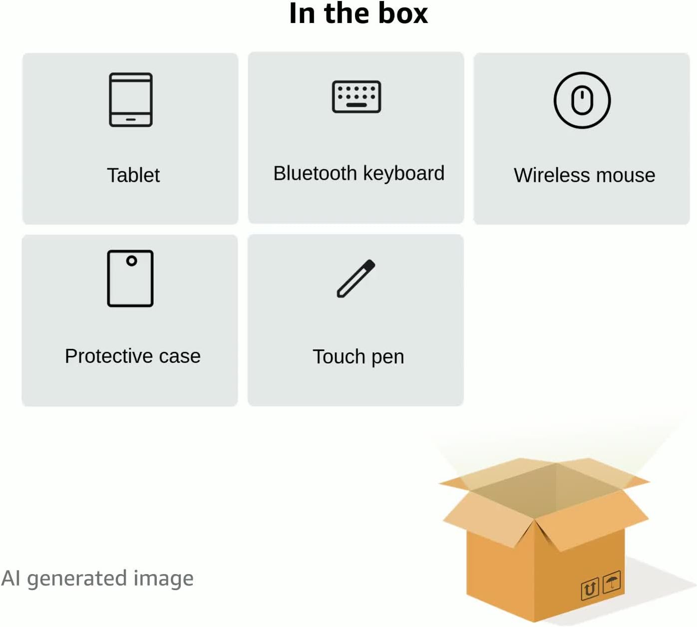In the box:

- Tablet
- Bluetooth keyboard
- Wireless mouse
- Protective case
- Touch pen

AI generated image
